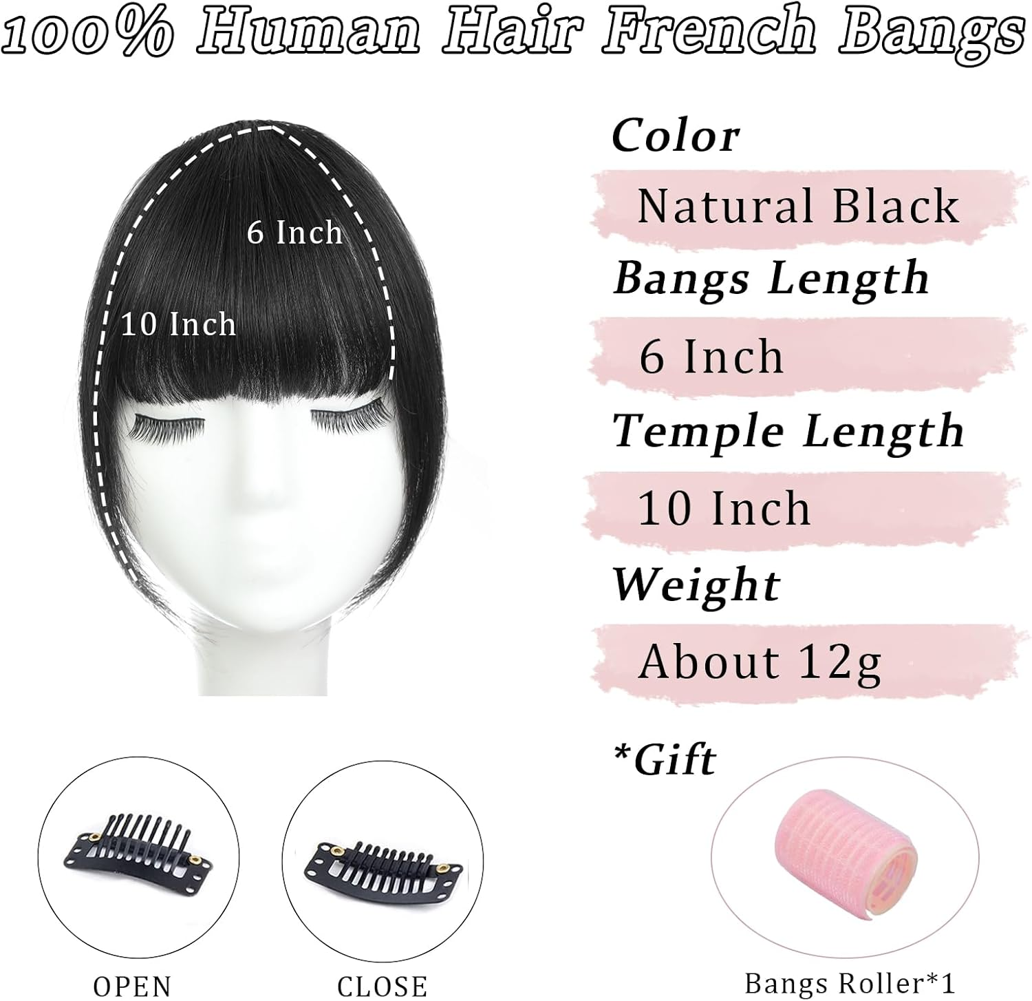 Clip in Bangs 100% Real Human Hair Black French Bangs Fringe with Temples Thick Curtain Bangs Clip on Bangs Curved Fake Bangs Hairpieces for Women for Daily Wear image number 3