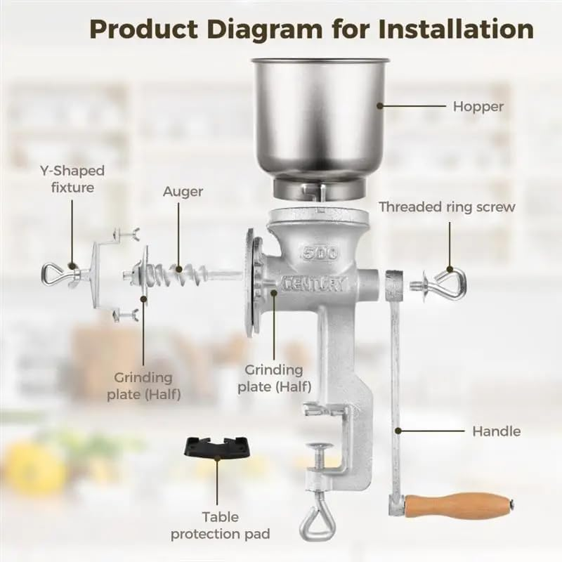 Hand Crank Grain Mill, Corn Grinder Flour Maker Wheat Grain Nut Mill Grinder Kitchen Tool, High Hopper Cast Iron Manual Grain Mill, for Restaurants Kitchens Bakery image number 2