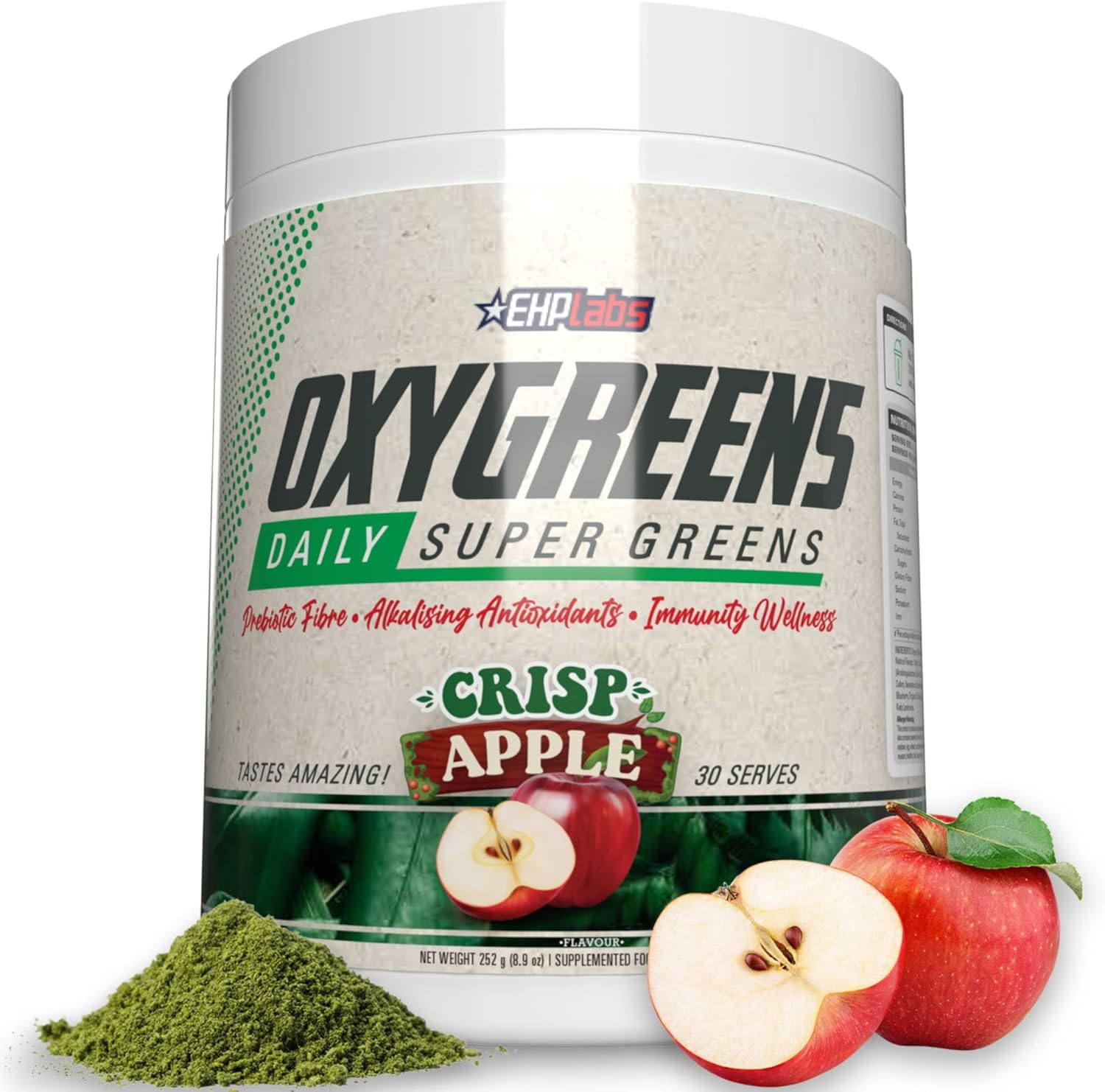 EHP Labs Oxygreens Daily Super Greens Powder - Green Superfood, Spirulina Herbal Supplement with Prebiotic Fibre, Alkalizing Forest Berries & Immunity Wellness Support, 30 Serves (Crisp Apple) image number 5
