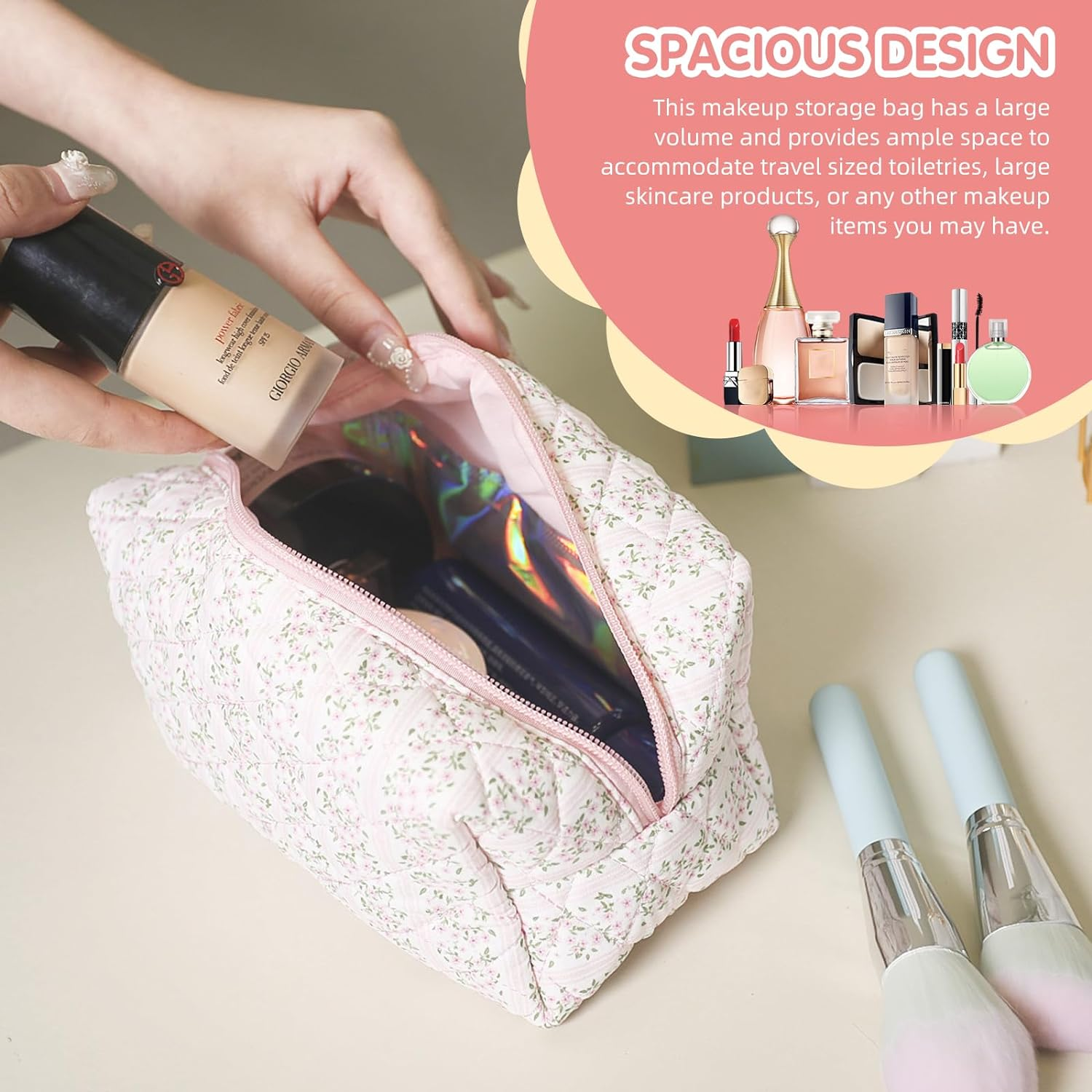 Floral Makeup Bag, Cute Quilted Makeup Toiletry Bag, Zipper Cosmetic Pouch, Daily Travel Use Skincare Bag, Multipurpose Organizer Bag, Blossom Blush Pink, Cute - 2Pack Pink + Blue image number 3