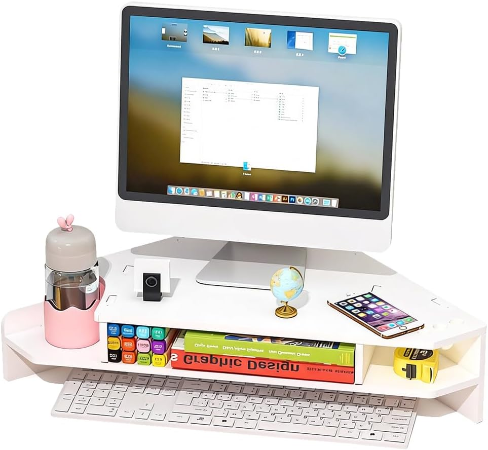 AIMALL Corner Computer Monitor Stand Triangular Desk Riser with Storage Shelf and Optional Drawer, Space-Saving Office Workstation Organiser for Desktop Accessories and Improved Viewing Height image number 6