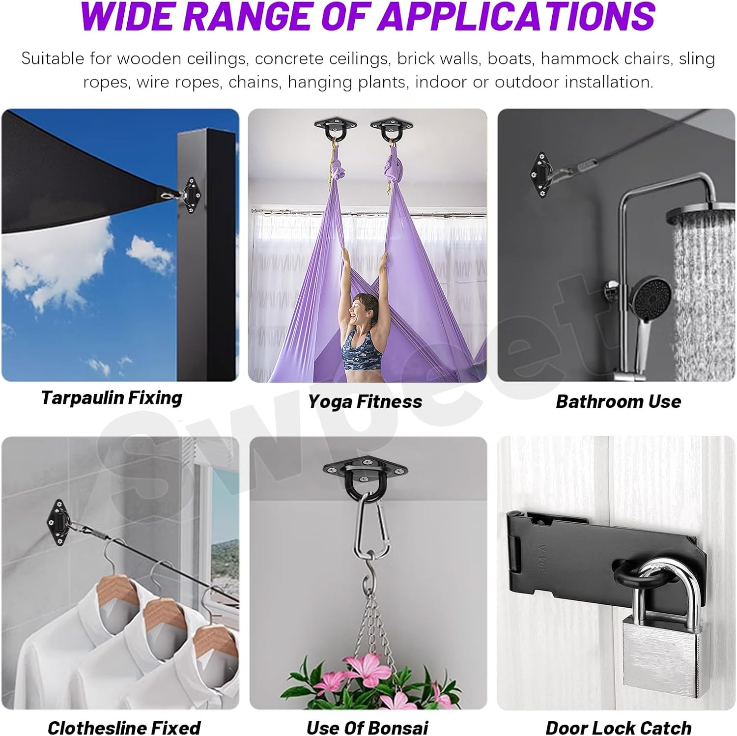 Swpeet 4Pcs M8 304 Stainless Steel Black Rhombus Pad Eye Plate Hook with Screws and Plastic Anchors Assortment Kit, Marine Hardware Hooks Ceiling U Hook Staple Ring Hook for Securing Hanging image number 2