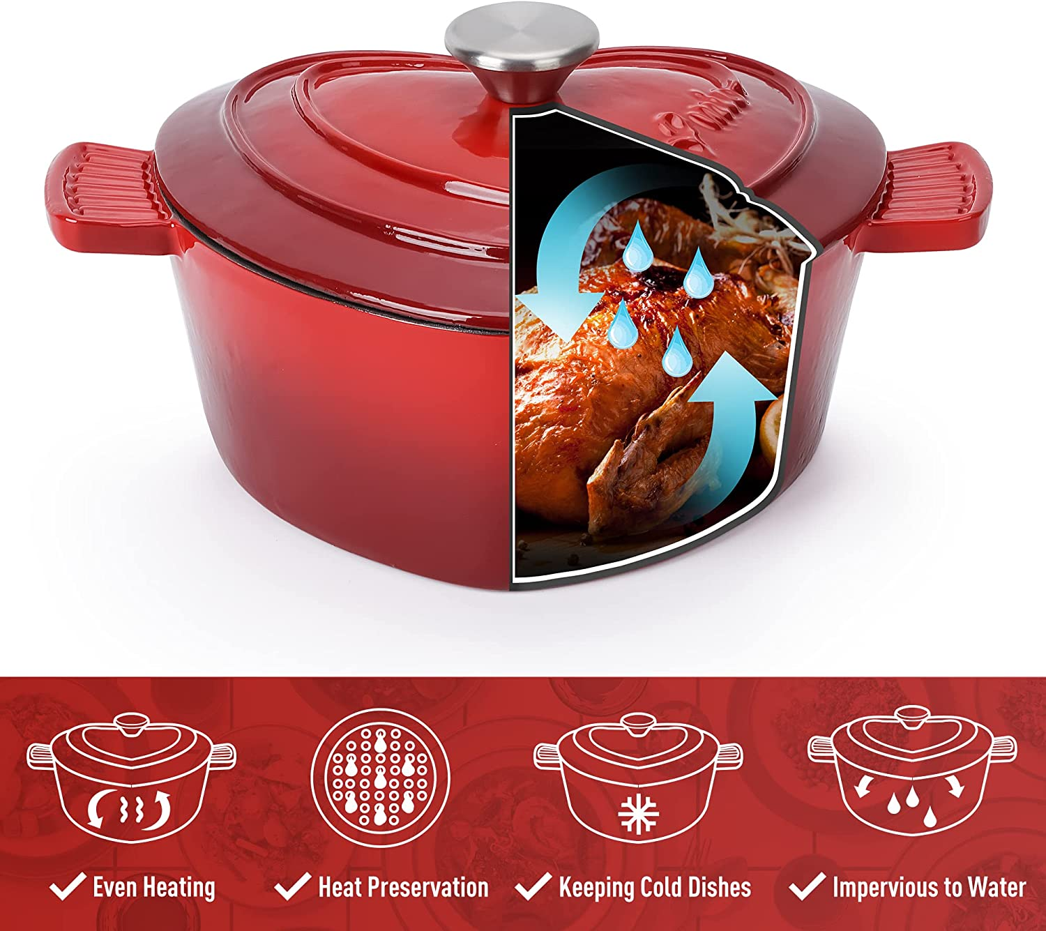Enameled Cast Iron Dutch Oven in Heart Shape Non Stick Pot/Present for Christmas, Suitable for All Heat Types + Oven (3 L, 24 Cm) image number 4
