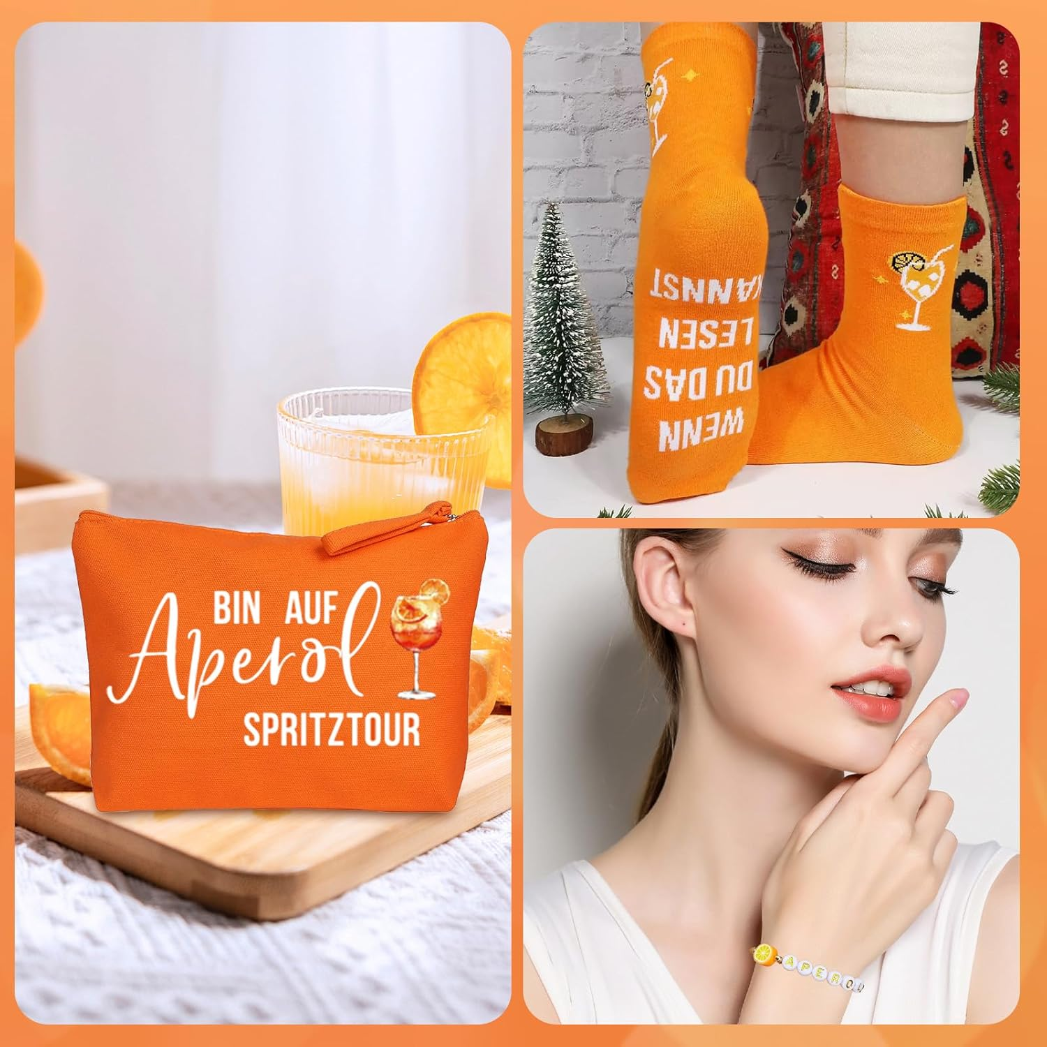 VEGCOO Aperol Lovers Gift Set Makeup Bag Socks Bracelet Greeting Card Aperol Design Canvas Cosmetic Bag Large Capacity Toiletries Storage Bag Gifts for Women image number 4
