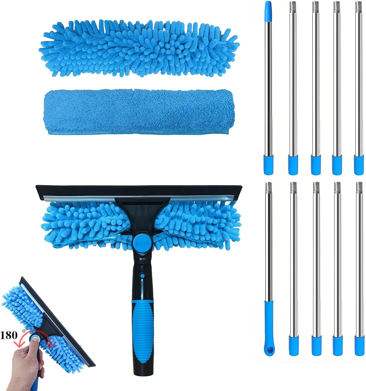 Telescopic Window Wiper Set, 4.2 M Window Cleaner with 10 Extension Rods, Chenille/Coral Velvet Replacement Fabric, Shower Squeegee, 2-In-1 Window Cleaning Set for High Windows, Walls, Car Glass
