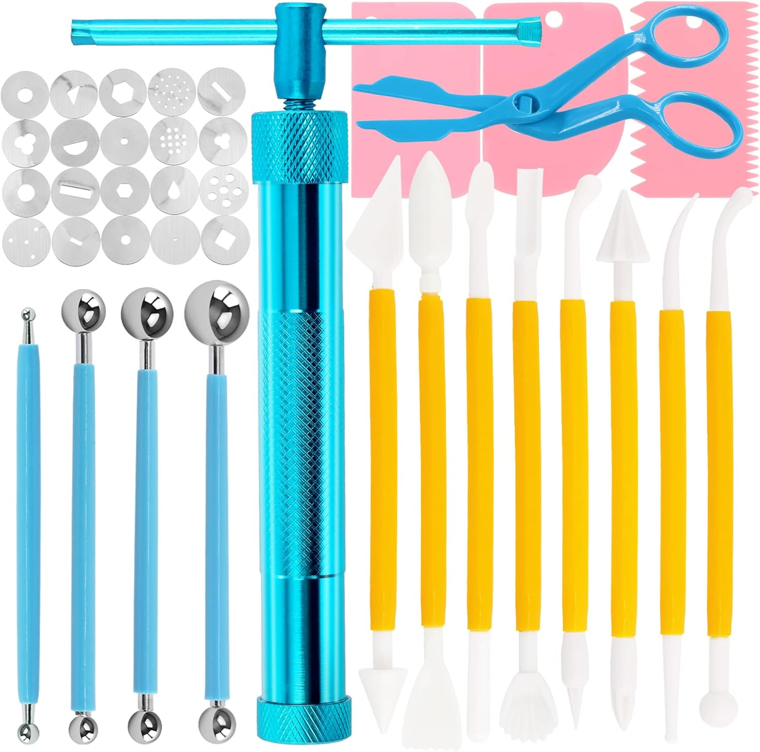 Swpeet 36Pcs Rose Gold Clay Extruder Gun Fondant Sugar Paste Extruder Clay Cake Sculpture Gun, Ball Stylus Dotting Tool with Plastic Scraper, Cake Decorating Supplies Modeling Tool