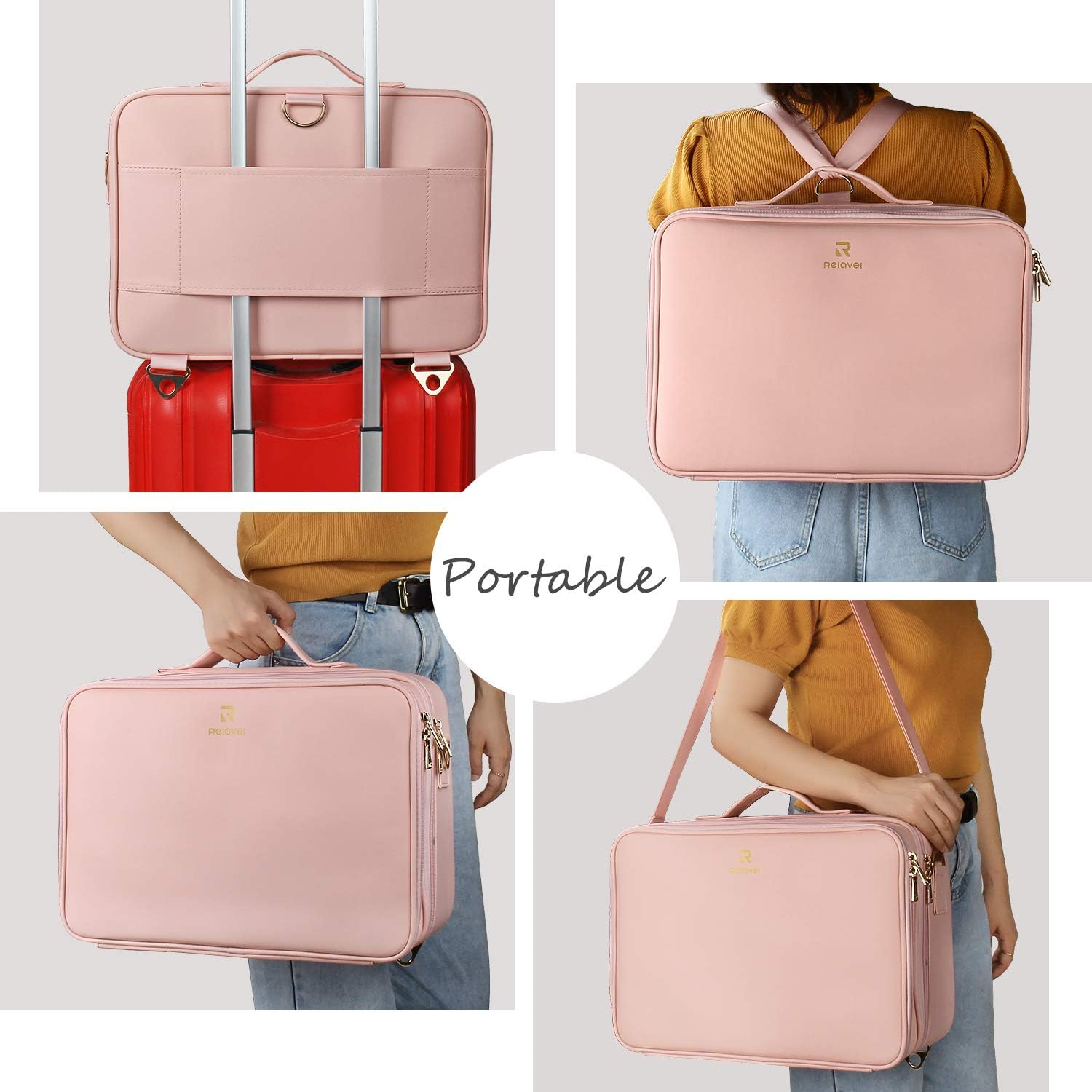 Relavel Professional Large Makeup Case Cosmetic Train Case Makeup Bag Organizer Professional Waterproof Travel Cosmetic Case Box with Removable Dividers Shoulder Strap (B Pink) image number 4