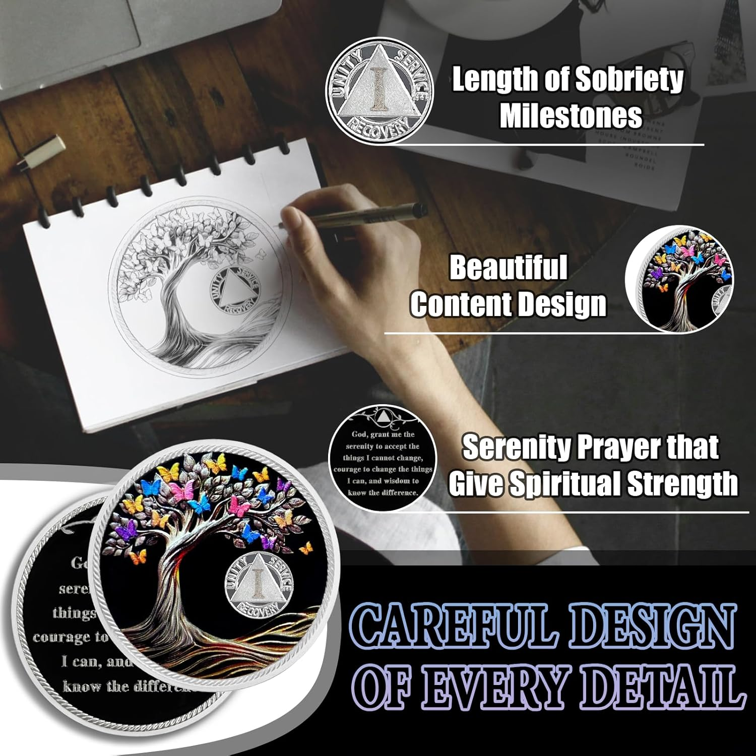 1 Year Sobriety Coin Butterfly Tree of Life AA Chips and Medallions Sobriety Recovery Chip Sober Token Sobriety Gifts for Men Women Celebrating Alcoholics Anonymous Recovery image number 5