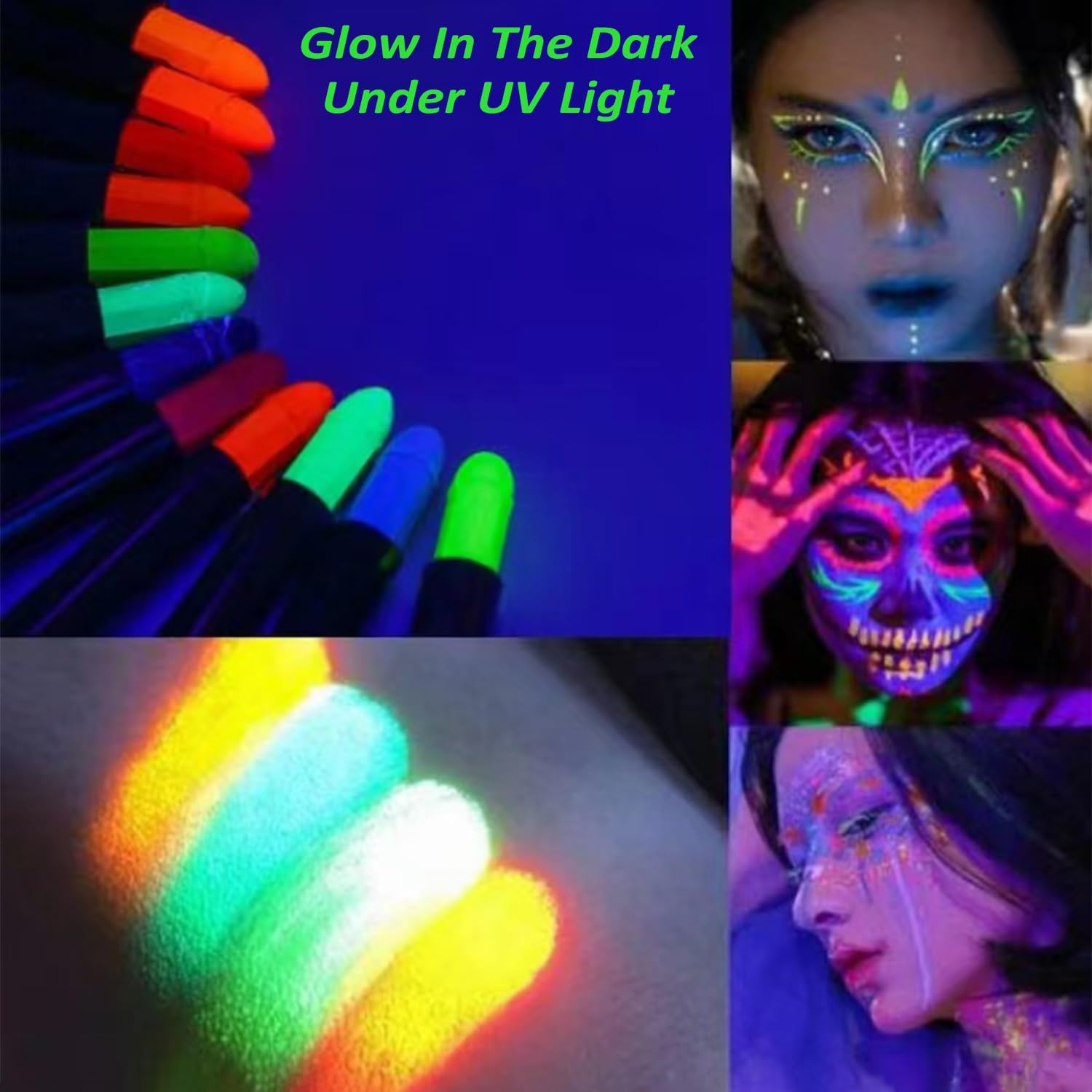 Face Paint Crayons Glow in the Dark Body Painting Kit under UV and Black Light Makeup Non-Toxic for Halloween Masquerades Easter Festivals Party Supplies (12 Colours) image number 6
