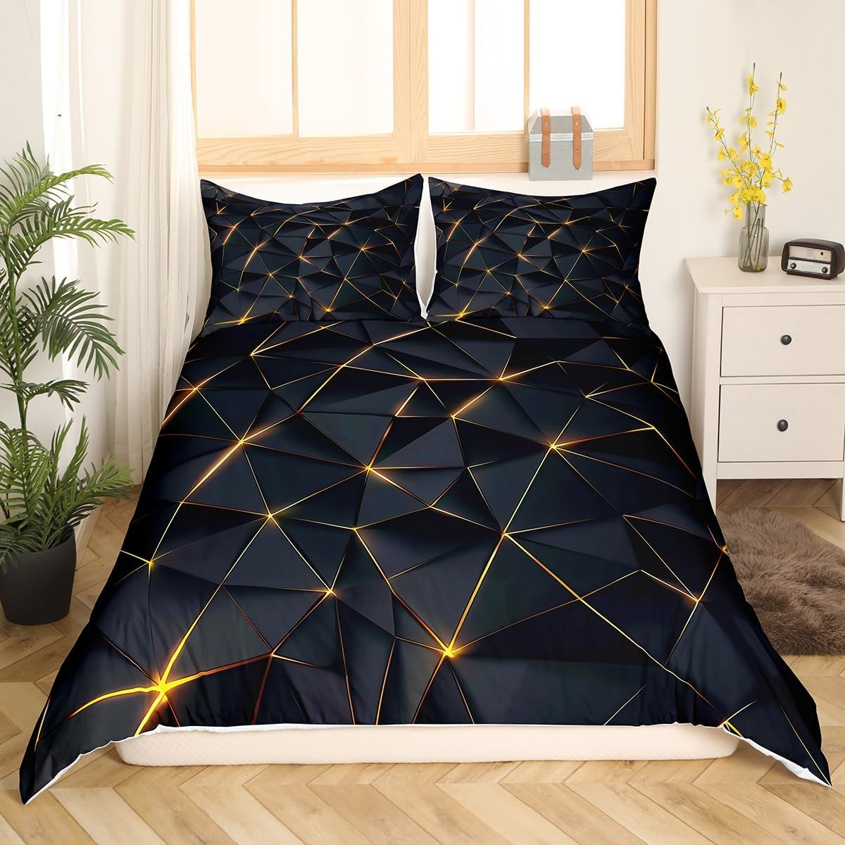 Homemissing Honeycomb Bed Set Geometric Stereoscopic Theme Boys Bedding Set 135 X 200 Cm Geometry Adult Bedroom Decoration 3D Black Gold Print Duvet Cover Set All Season - Multicolour 37 image number 3