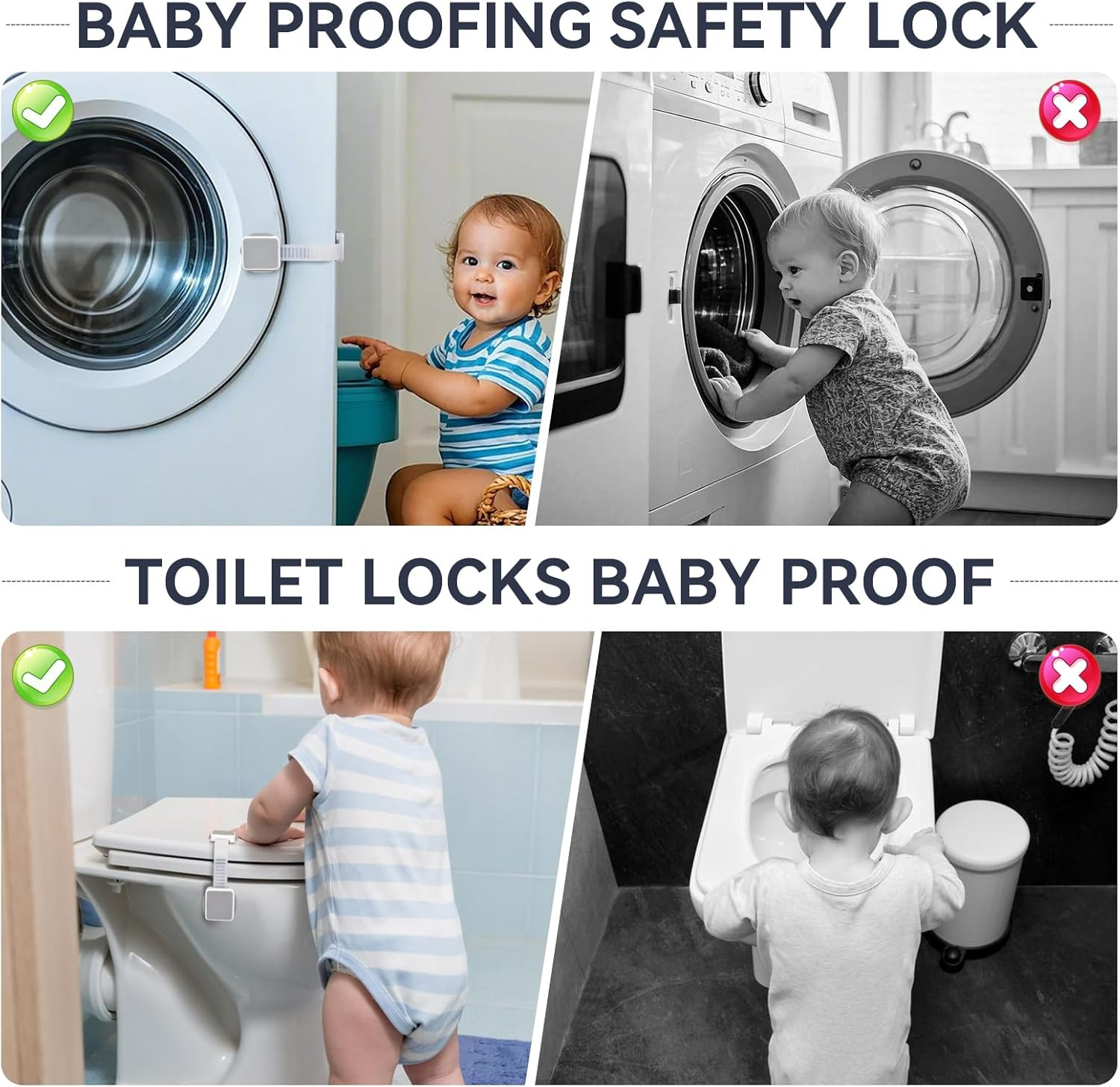 2 Pack Child Safety Cabinet Locks for Baby Proofing, Length Adjustable Latch Straps Dual Button Design for Drawers Fridge Refrigerator Doors Toilet Seat Oven image number 2