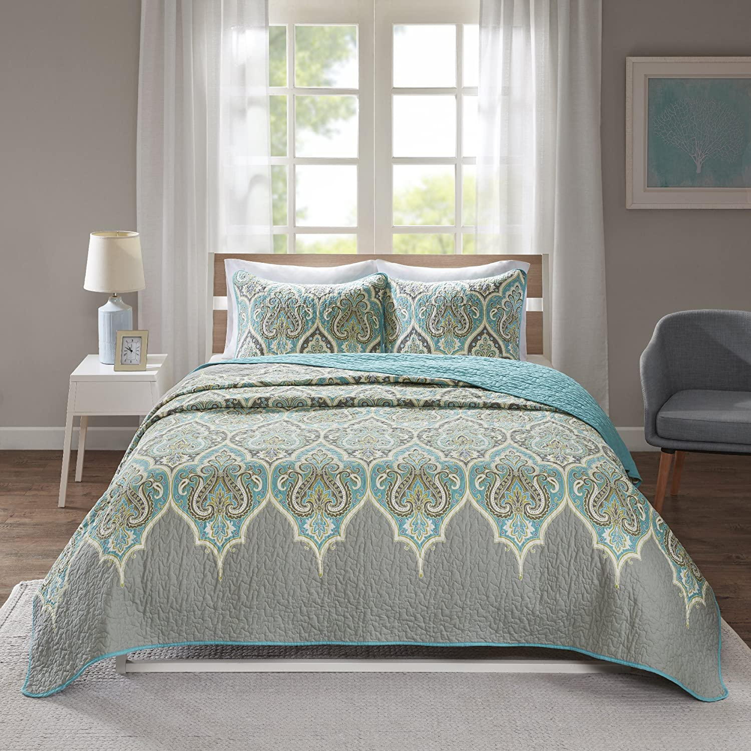 Comfort Spaces Quilt Set-Trendy Paisley Summer Cover, Cozy Coverlet Lightweight All Season Bedding Layer for Winter, Matching Shams, King/Cal King, Mona Paisley Teal image number 5