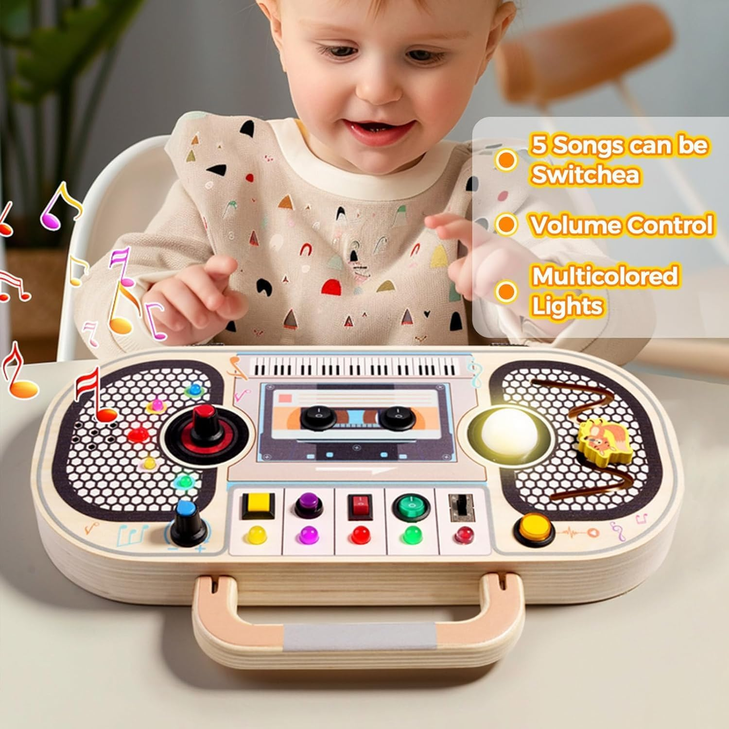 Uandhome Montessori Busy Board Toys for 3 Year Old,Wooden Sensory Sensory Toy with Musical LED Lights Switches Motor Skills Developmental Early Educational Travel Baby Toddler Birthday Gifts image number 2