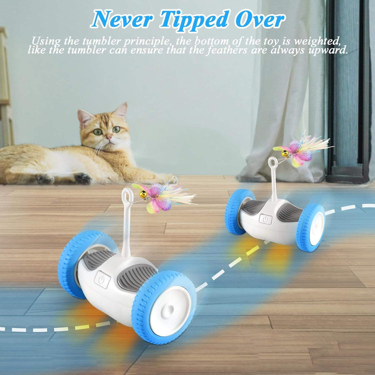 Interactive Cat Toys Automatic Feather Toy, Smart Pet Exersise Electric Toys with 2 PCE Feathers, Automatic Moving Wheels Cat Toys for Kitten Indoor