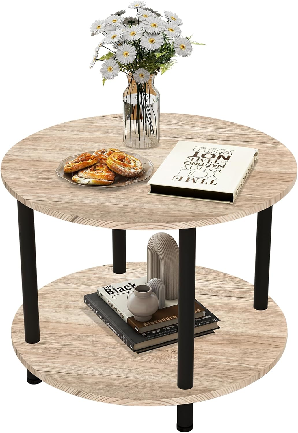 VERFARM 60CM round Coffee Table, 2-Tier Small Circle Coffee Table with Storage, Modern Center Accent Table with Metal Frame, Side Table End Table for Small Space, Living Room, Office, Teak Oak