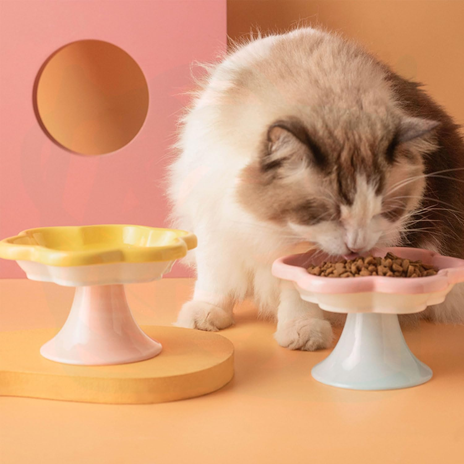 Ceramic Raised Cat Bowls, Pet Feeder Bowl Elevated Pet Feeder for Cats, Medium Puppies & Small Dogs, Pink