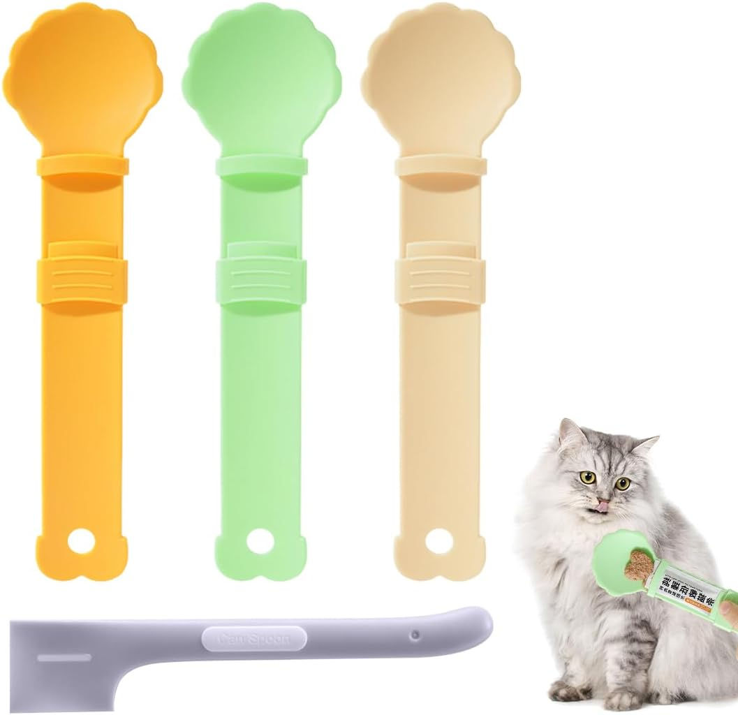 Zayookey 4Pcs Cat Strip Feeders Set,Cat Wet Treat Spoon Squeeze,Spatula Pet Can Opener,Multifunctional Flower Shape Cat Food Dispenser Sliding Happy Spoon for Cats