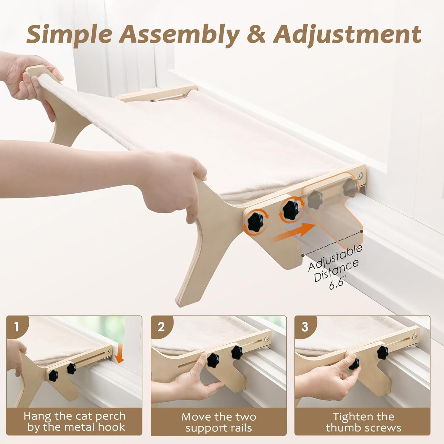 Cat Sill Window Perch Hammock Window Seat with Cushion Bed Cover, Wood & Metal Frame for Large Cats, Easy to Adjust Cat Bed for Windowsill, Bedside, Drawer and Cabinet image number 5