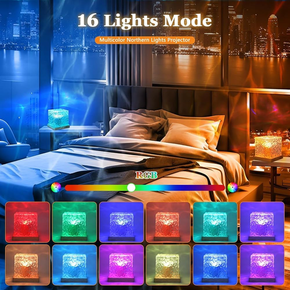 LED Aurora Lamp, Water Ripple Projection Lamp, Wave Projection Lamp with Remote Control, 16 Colours Gradient Rotating Flame Crystal Lamp, Romantic Atmosphere Spotlight for Bedroom, Bar (Square) image number 6