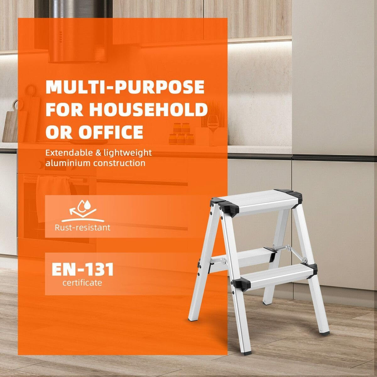 AUSWAY 2 Step Folding Ladder Aluminium Collapsible Stool Foldable Portable Stairs Lightweight Household Warehouse Stepladder