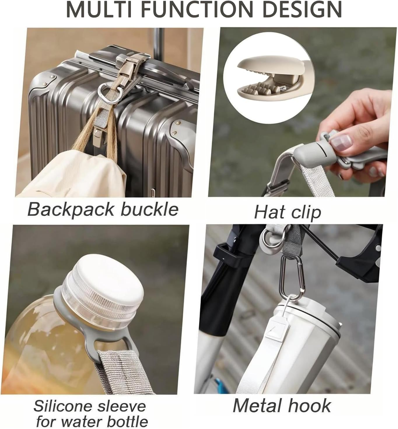 TSA Approved Luggage Straps for Suitcases - Adjustable Travel Belt with Hat Clip, Bag Extender & Silicone Bottle Holder, Carry on Bag Accessories (Grey) image number 4