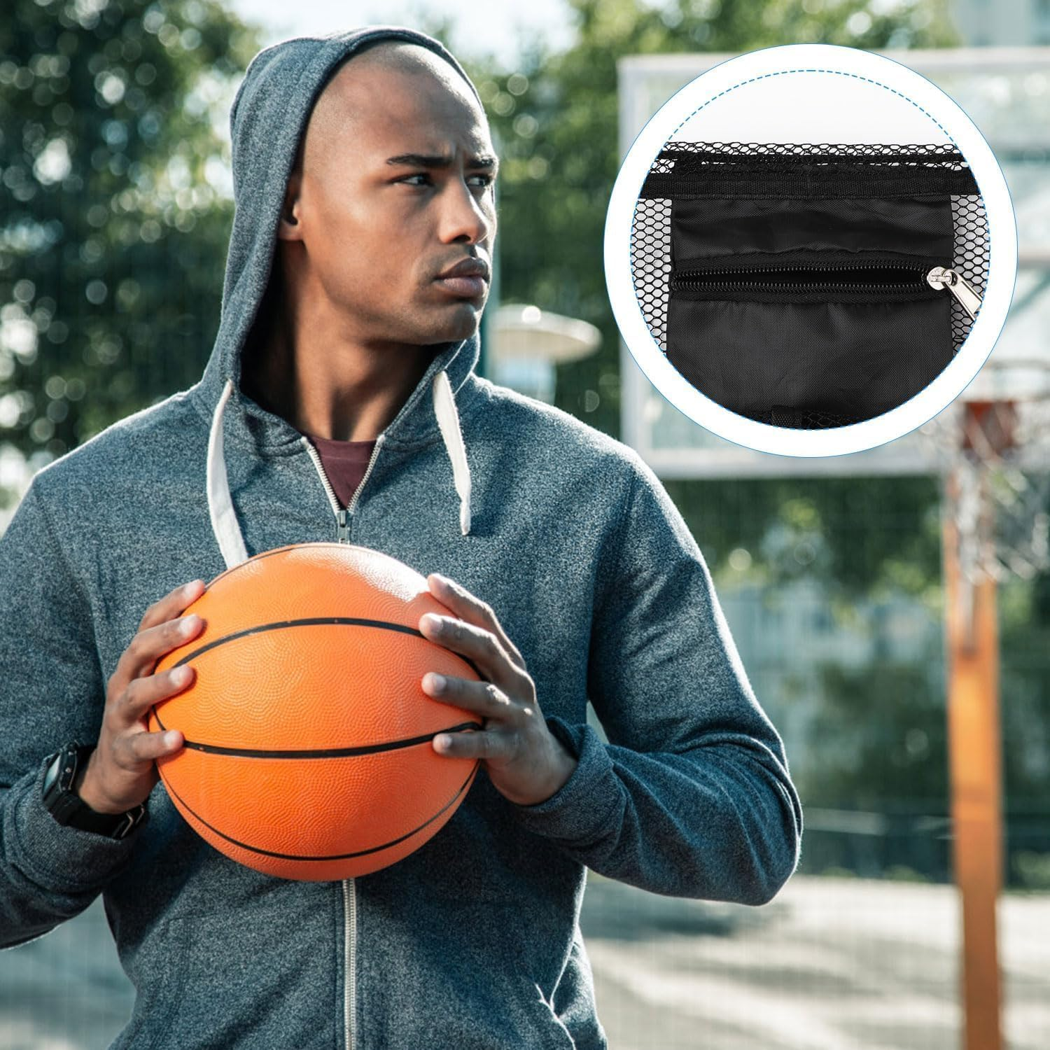 Wzenclave Single Ball Bag Ball Storage Bag Mesh Carry Bag with Zipper Pocket Drawstring Sling Back Bag with Buckle Clip Ball Storage Sling Bag for Carrying Basketball Volleyball Soccer Football image number 3