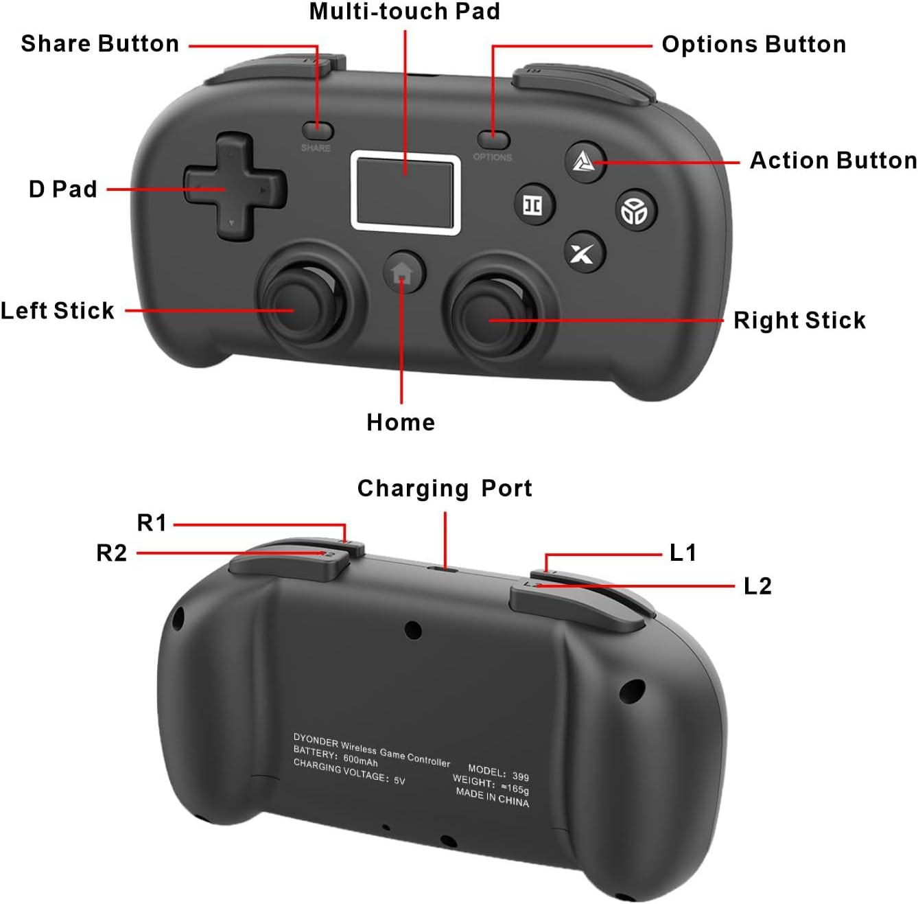 DYONDER Wireless Controller for Ps4,Mini Style PS4 Gamepad Compatible with Ps4/Pro/Slim,Pc Game Remote for Window10/8/7,Gaming Controller with Dual Vibration/6-Axis Sensor/Audio Function(Black) image number 6