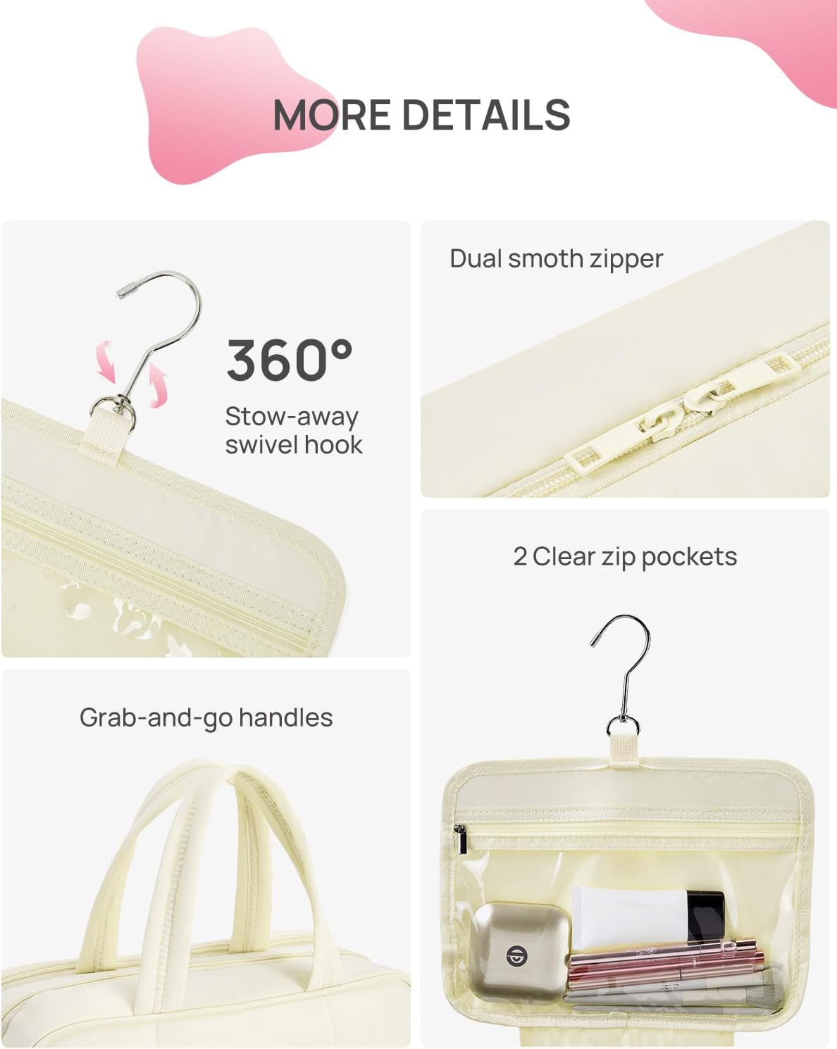 DDPOND Travel Toiletry Bag with Jewelry Organizer for Women, Puffy Hanging Makeup Bag Lightweight Cosmetic Bag Organizer for Travel Essentials - Beige image number 3