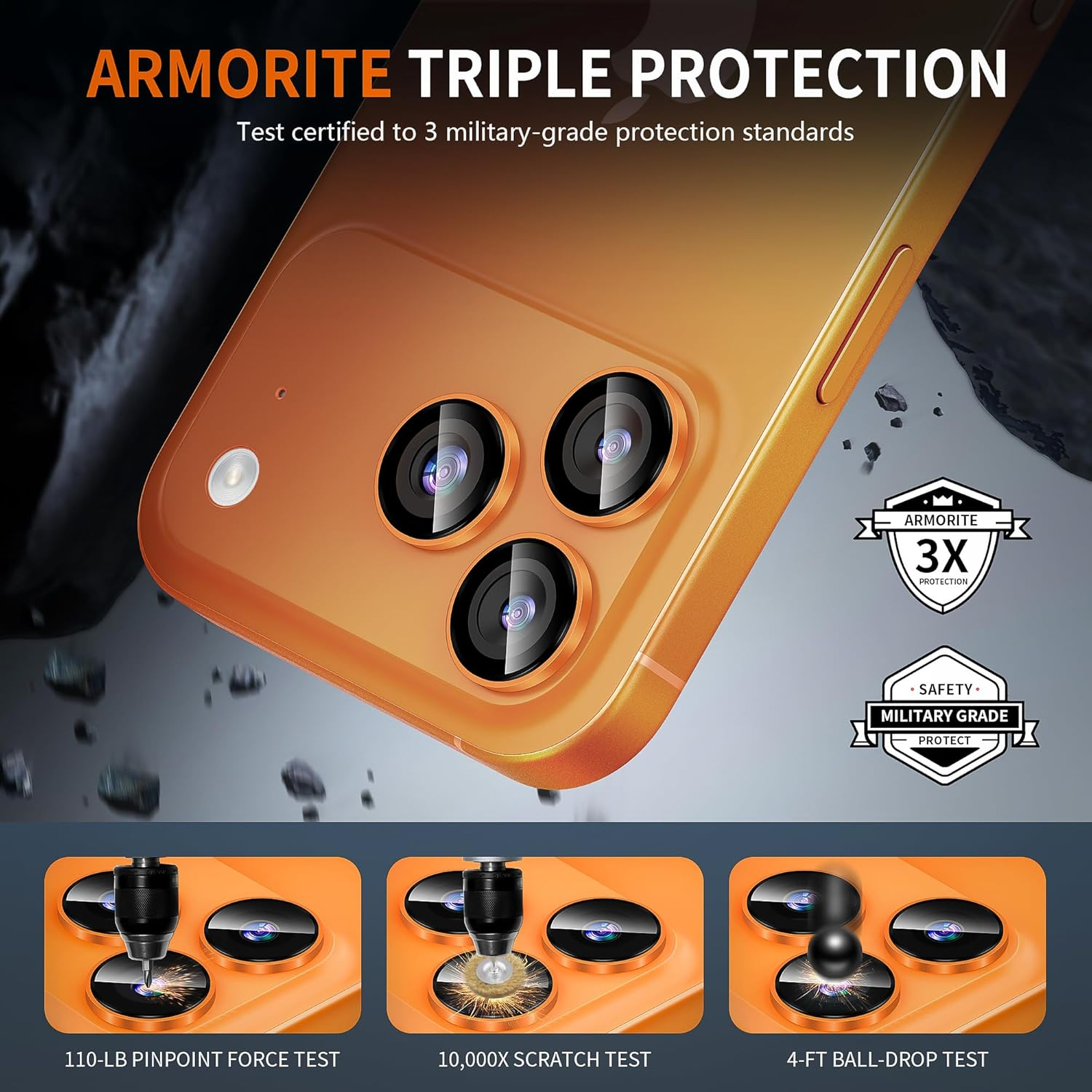 Diruite Pack of 2 Camera Protection for Iphone 17 Pro/17 Pro Max Camera Lens Protective Film, Convex Platform HD Tempered Glass + Aluminium Ring Camera Protector, Easy to Install, Cosmic Orange image number 6