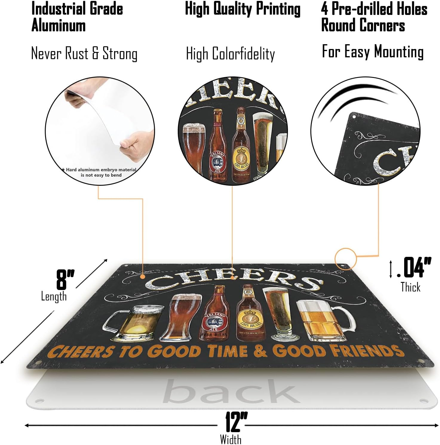 Vintage Home Bar Decor Pub Beer Cheers Sign 8X12 Inch -Cheers to Good Time & Good Friends-For Man Cave Wall Decor (2406) image number 1