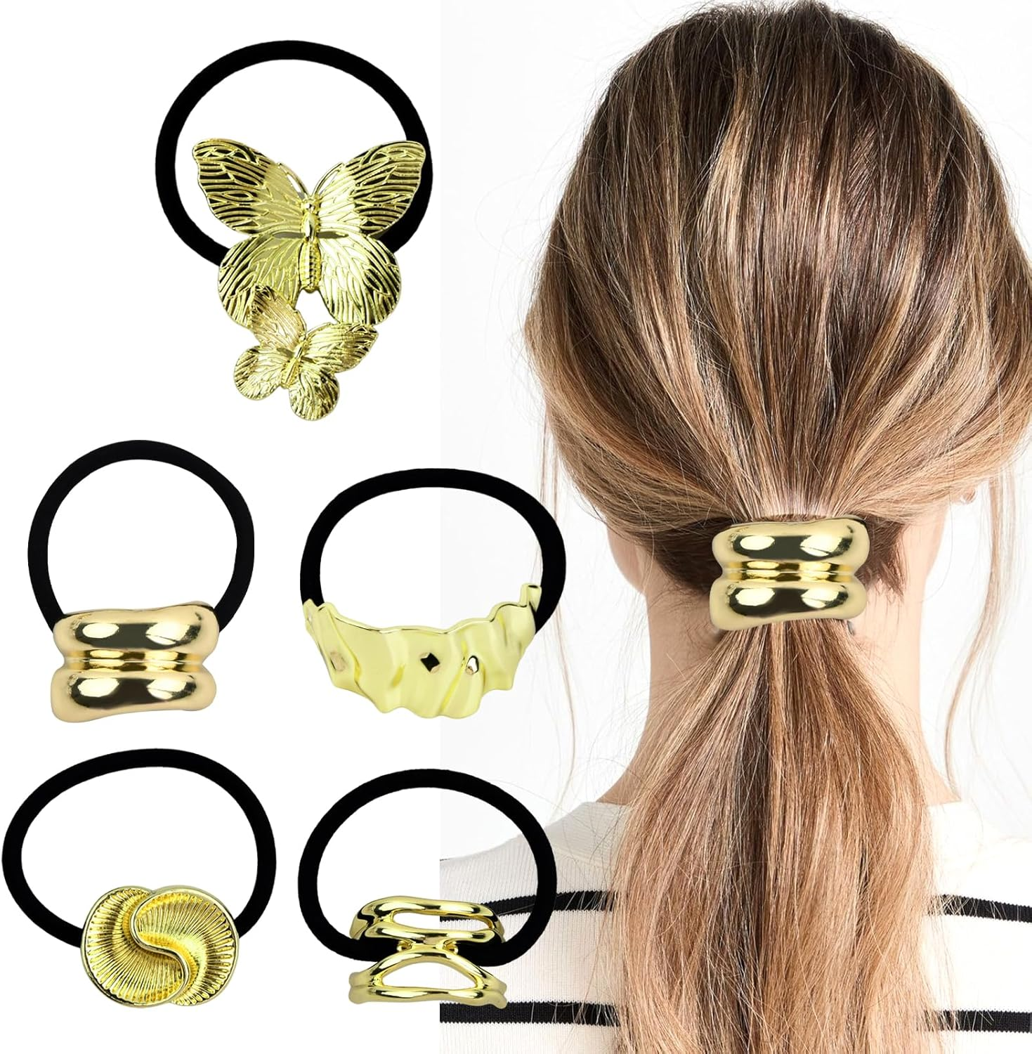 YILANJIN Pack of 5 Hair Bobbles, Metal Hair Accessories, Glitter Ponytail Holder Cuff, Stylish Hair Bobbles, Fashionable Elastic Hair Band for Women, Girls, Hair Accessory (B) image number 4