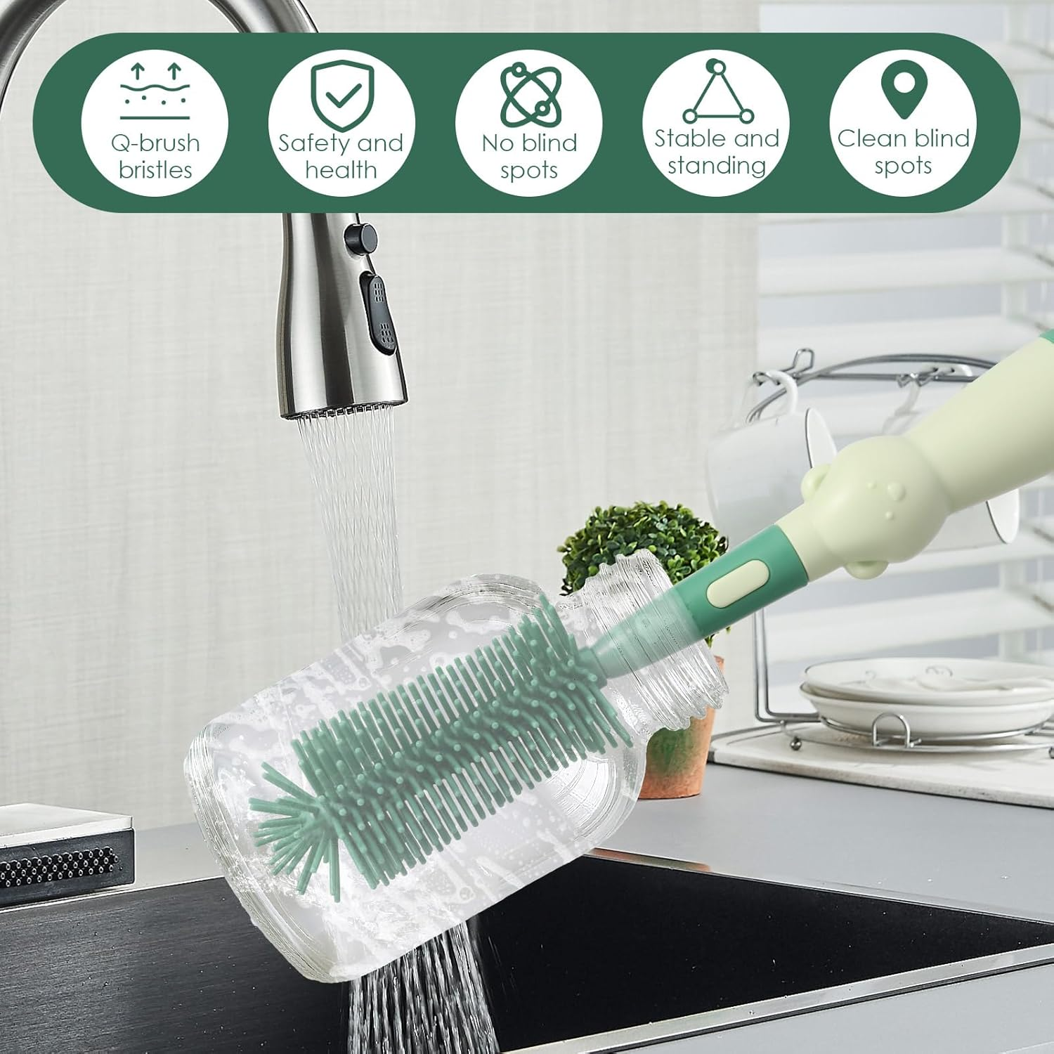 3 in 1 Baby Bottle Brush Set Reusable 3 Brushes to Clean Baby Bottles Nipples and Straws Ideal for Home and Travel Use (Green) - Green image number 4