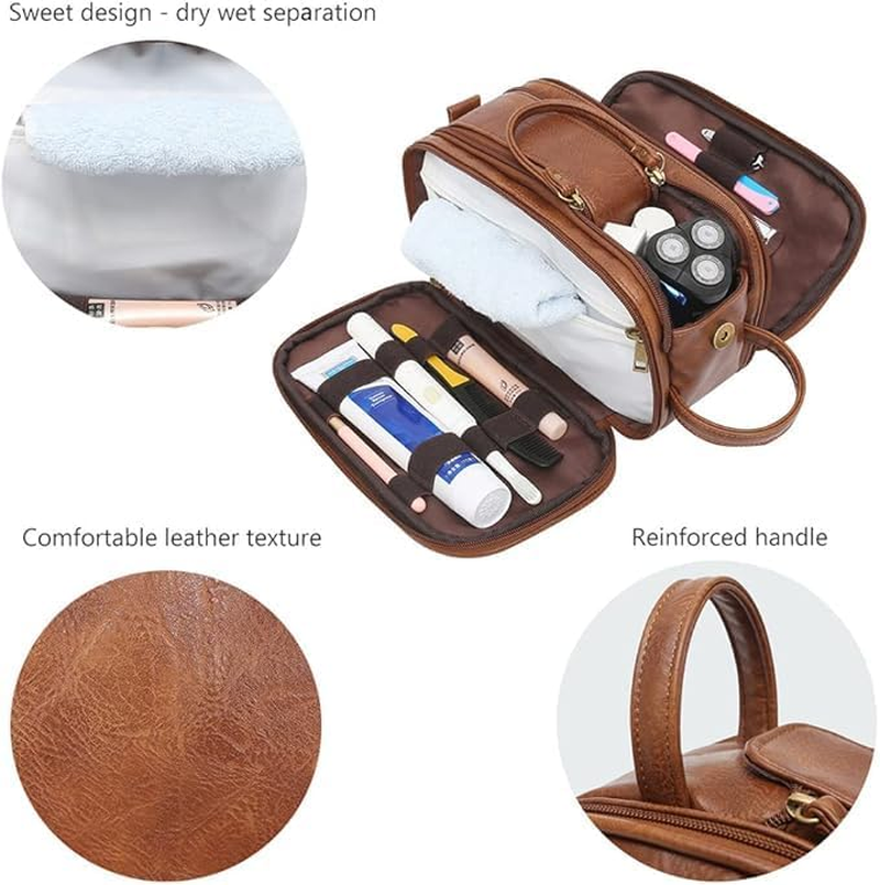 Water-Resistant Leather Toiletry Bag for Men, Large Travel Wash Bag Shaving Dopp Kit Bathroom Toiletries Makeup Organizer (Brown) image number 2