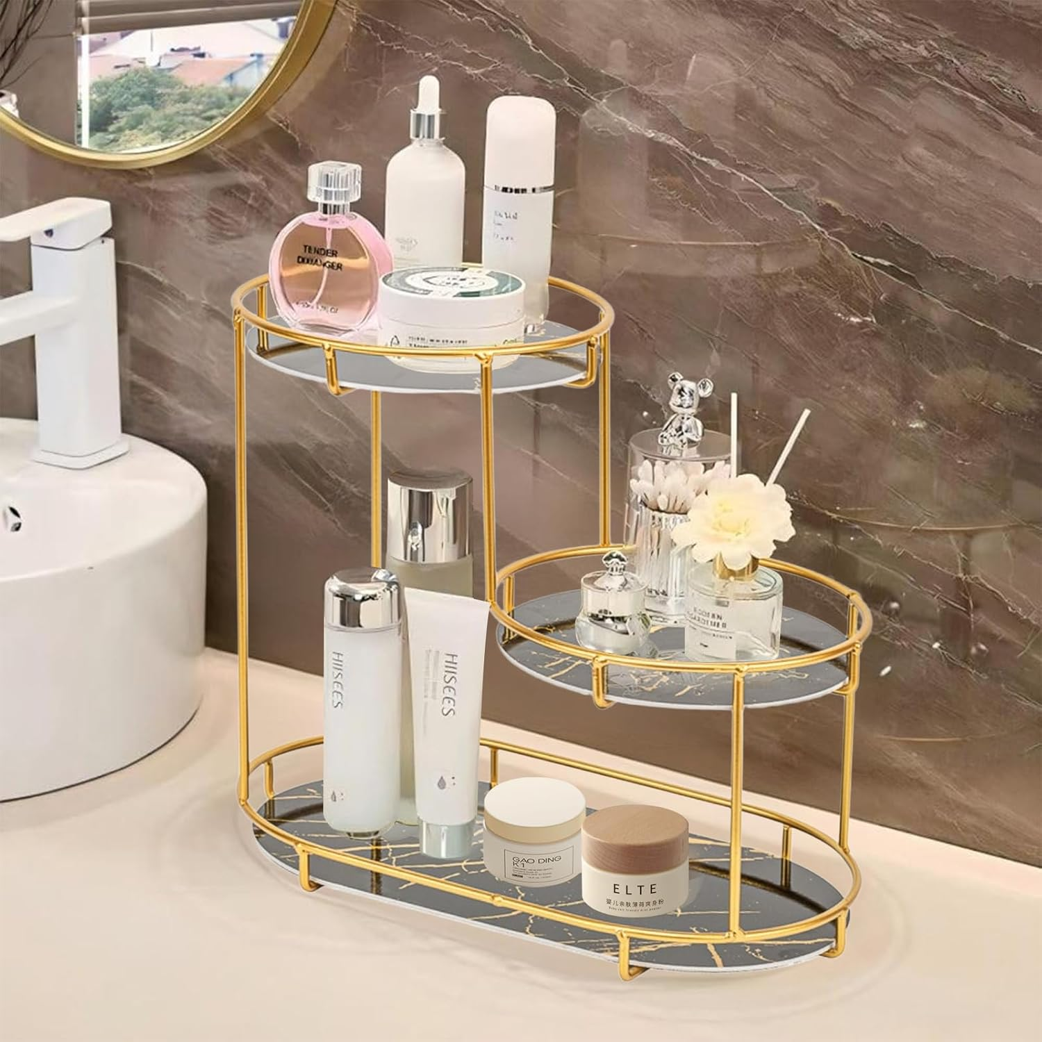 Bathroom Counter Organizer Holder, Luxury Cosmetics Storage Rack, Tray Dresser Stainless Steel Gold Shelf, 3 Tier Countertop Standing Storage Rack, Bathroom Washbasin Open Organiser(Black) image number 3