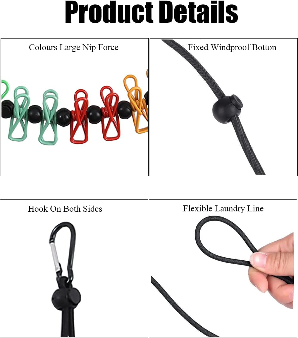 2 Pack Portable Clothesline with Climbing Carabiner Travel Clothesline with 12 Clothespins, Home Retractable Portable Clothesline for Indoor and Outdoor, Outdoor Camping (Blue) image number 3