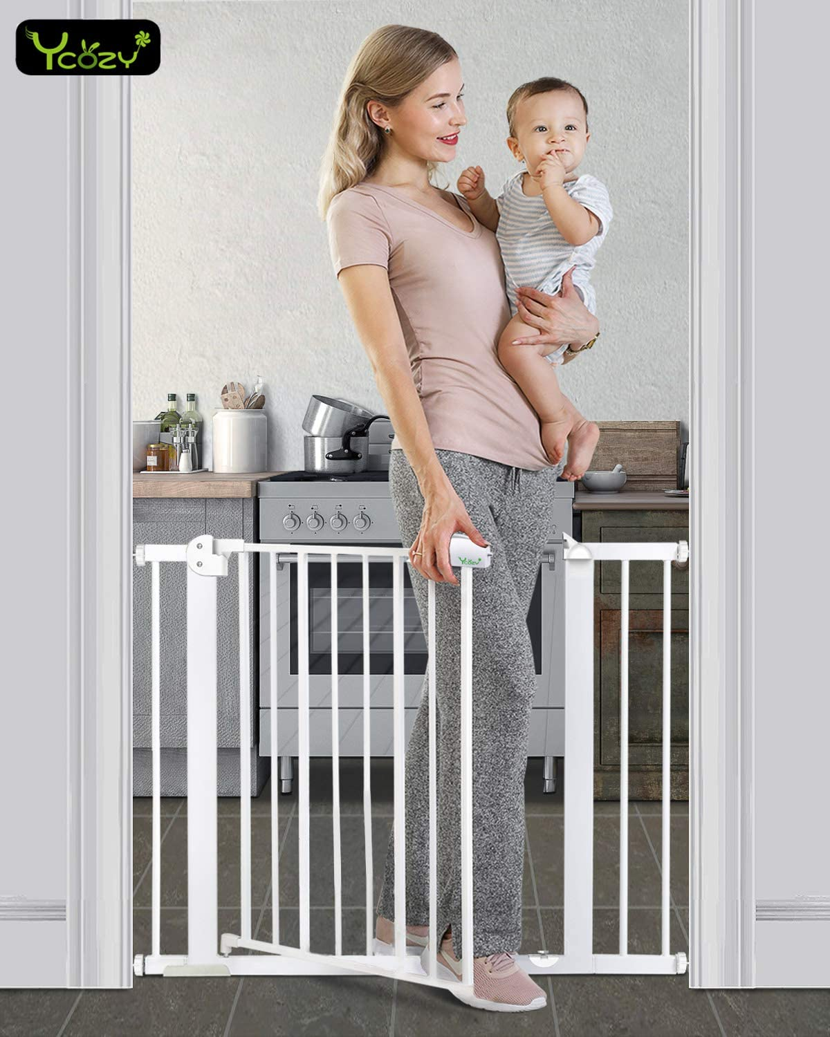 Ycozy Babysafe Baby Gate Dog Gate Metal Safety Gate for Stairs/Doorway/Playpen Auto Close Pet Door Gate with Extensions Kits for Children Kids Puppy 77Cm Tall Width 85-94Cm image number 2