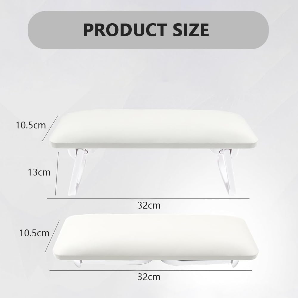 Foldable Nail Arm Rest for Nail Techs &ndash;Soft Microfiber PU Leather Hand Pillow Stand with PVC Table Mat for Acrylic Nails, Salon & Home Use-White