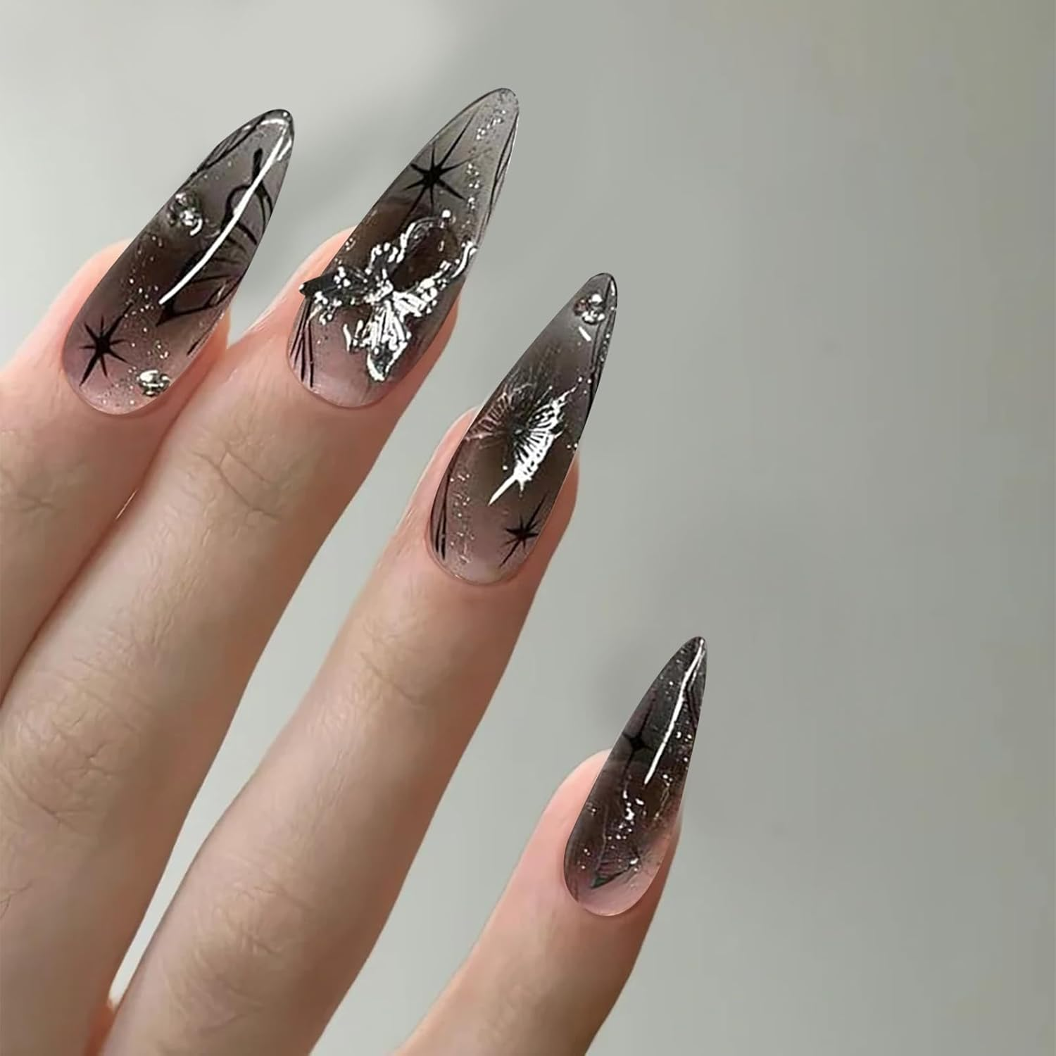 24 Pieces Push on Almond Nails Shiny False Nails Black Ombre Full Surface Glue on Nails with Metal Butterfly Designs