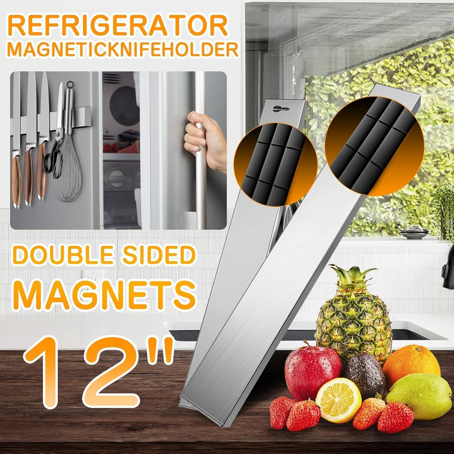 Ninonly 30 CM Magnetic Knife Holder for Refrigerator, Stainless Steel Double Sided Magnet Knife Strip for Wall, No Drilling Magnetic Knife Rack with Powerful Magnetic Pull Force Fridge Applicable image number 5