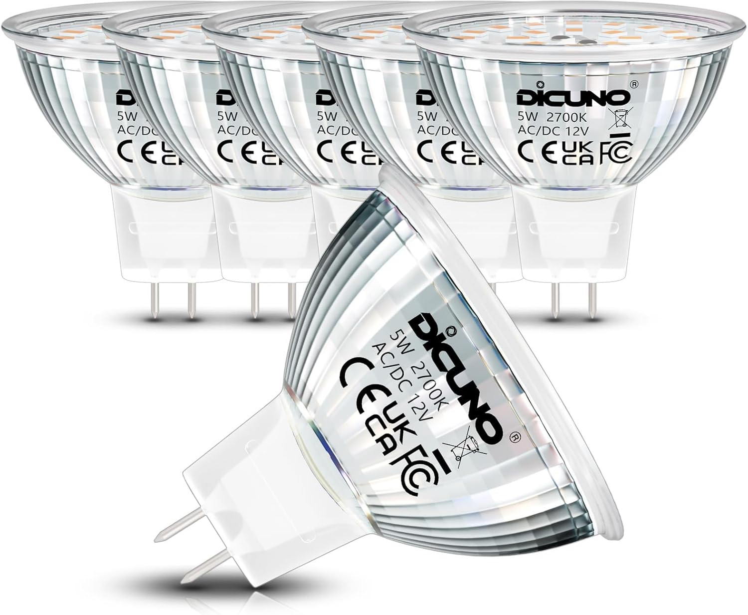 Dicuno MR16 LED Bulb, GU5.3 5W Spotlight, 50W Halogen Equivalent, 500LM, Warm White 2700K, 12V, 120&deg; Beam Angle, Non-Dimmable, 6 Packs