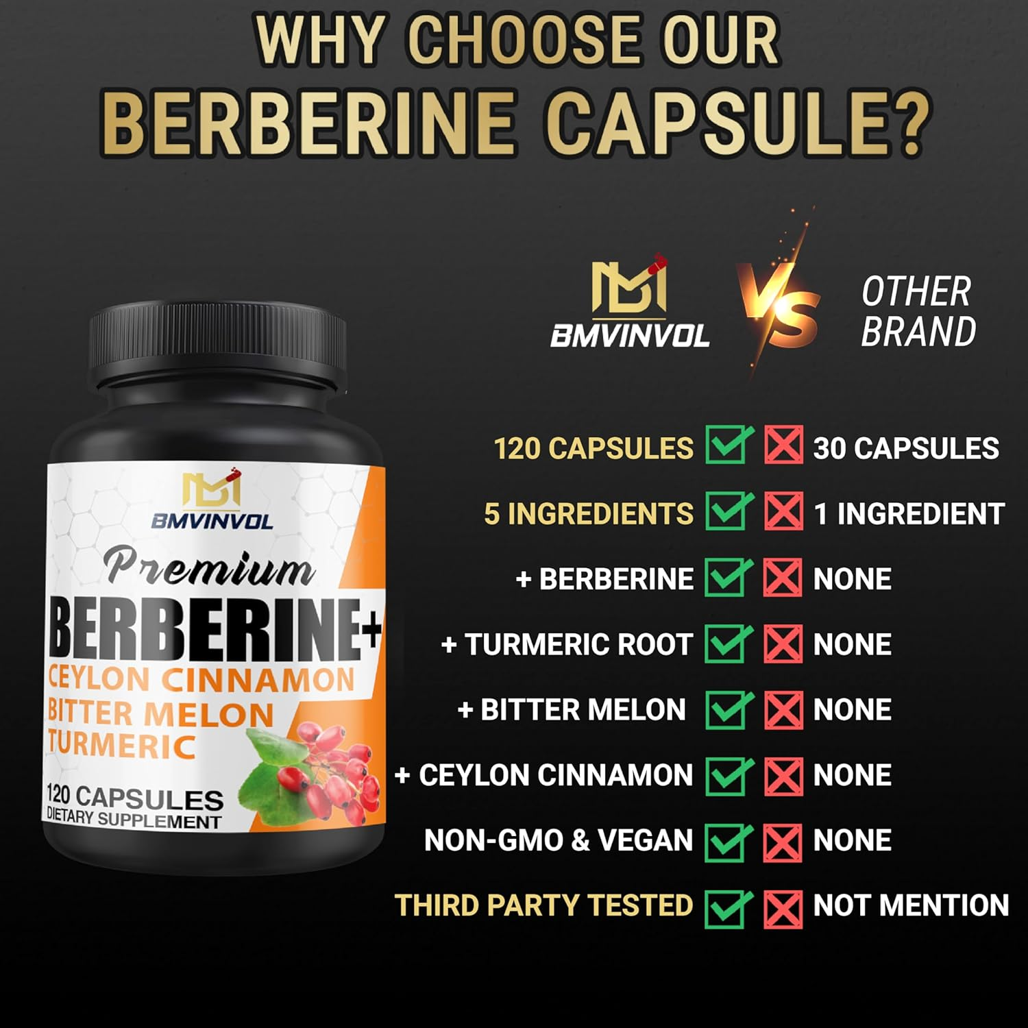 Berberine Supplement with Ceylon Cinnamon Bitter Melon Turmeric Green Tea Supports Immune System - 120 Vegan Capsules - 4 Month Supply image number 4