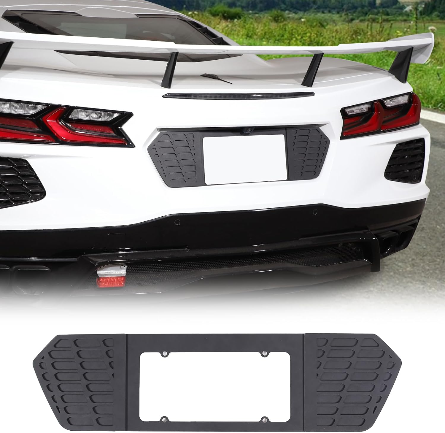 Rear License Frame Compatible with Chevrolet Corvette C8 2020-2025, Aluminum License Plate Frame Grill Vent Insert, License Plate Trim Base Accessories (Bright Black)