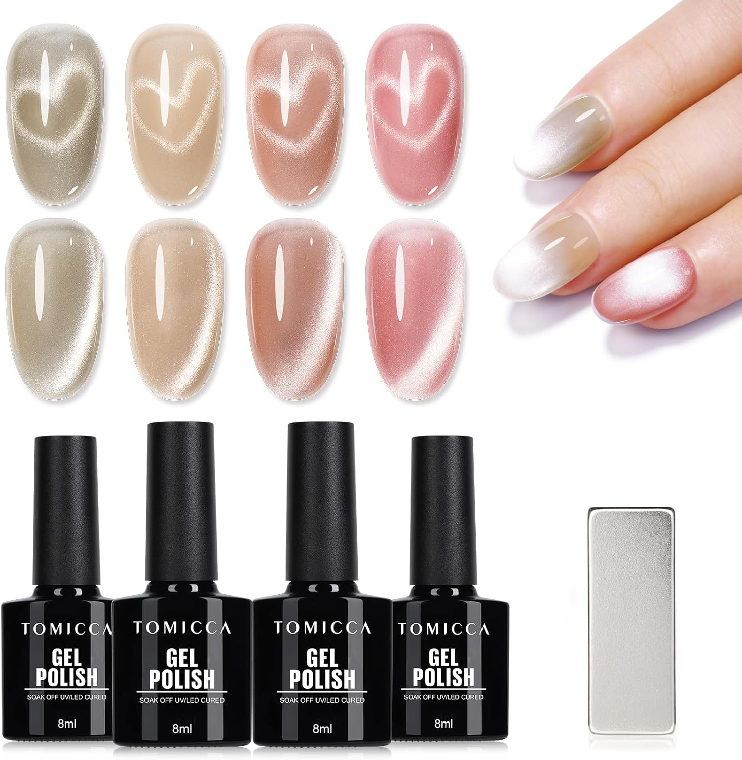 TOMICCA Cat Eye Jelly Gel Nail Polish Set, 4 Pcs Light Color Gel Polish Set Color Gel Nail Polish Soak off LED/UV Gel Polish Set for DIY Nail Salon