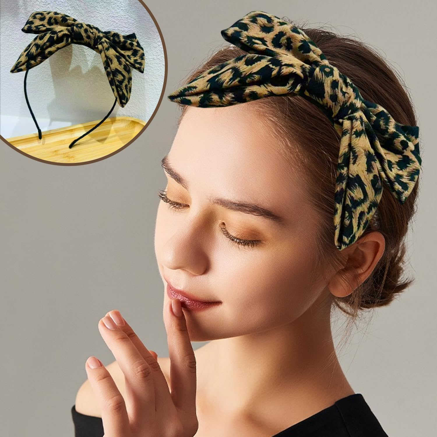 1 Leopard Print Hairpin and 1 Headband with Bow, Fashionable Personalised Hair Accessories, Retro Hair Accessories, Women'S Hair Accessories image number 2