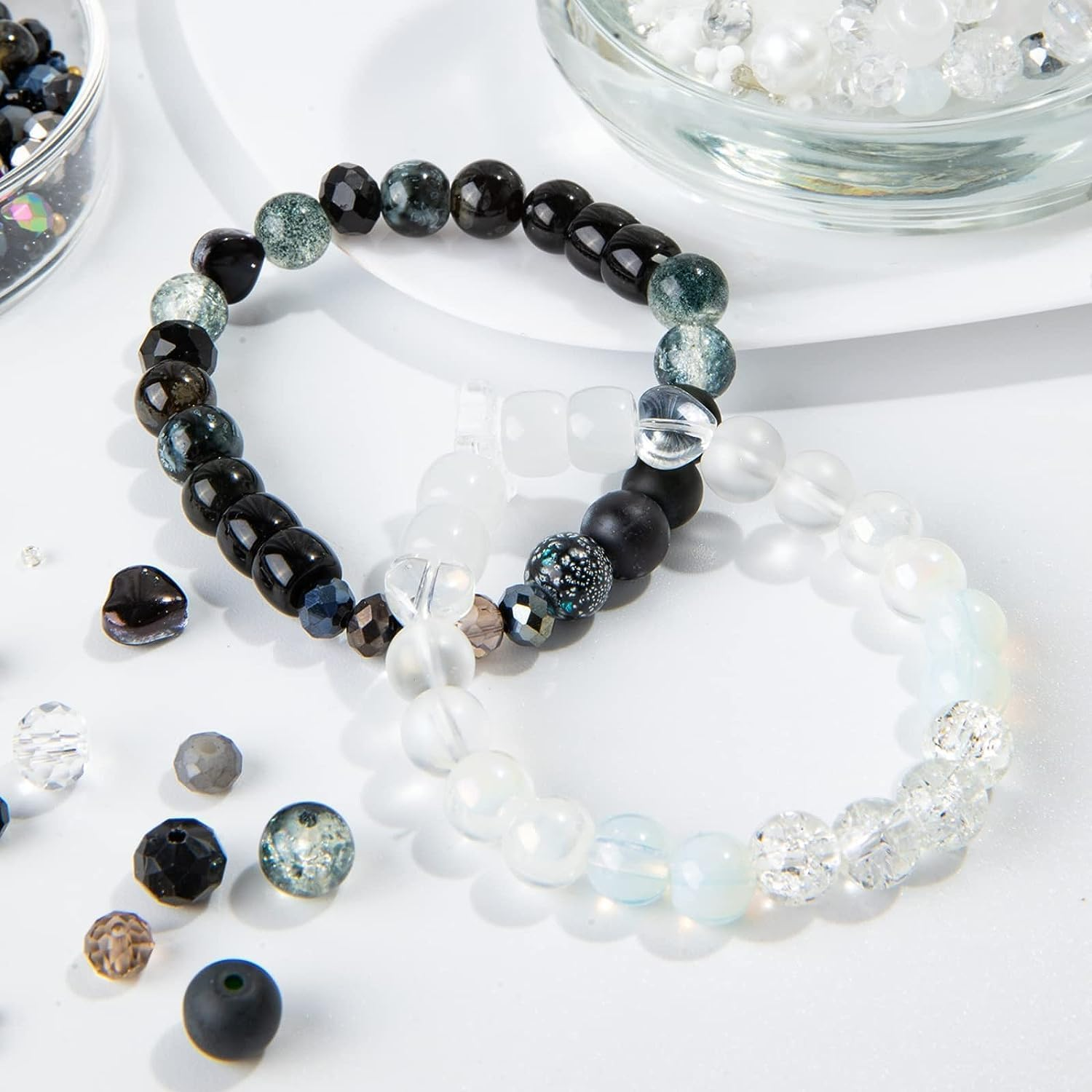 Crystal Glass Bead Kit - 1000Pcs Assorted Beads for Jewelry Making, Including 10 Different 8Mm Glass Beads, 200Pcs 4Mm Bicone Crystal Beads for DIY Crafts and Gifts (White Series) image number 2