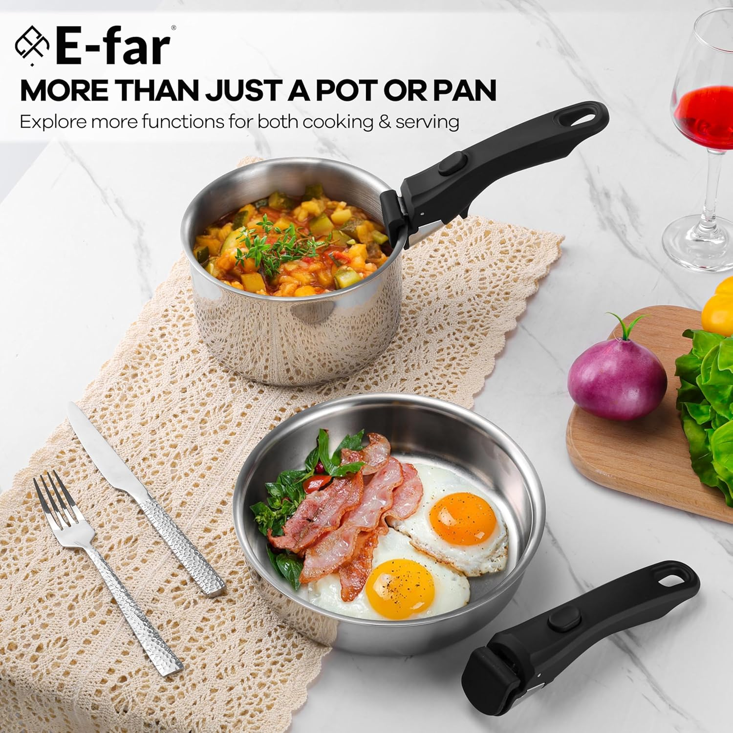E-Far 9Pcs Pots and Pans Set, Stainless Steel Cookware Set with Detachable Handle, All-Clad 3-Ply Kitchen Cookware Sets with Removable Handle, Induction Cooking Set for RV Camping, Oven Safe image number 5