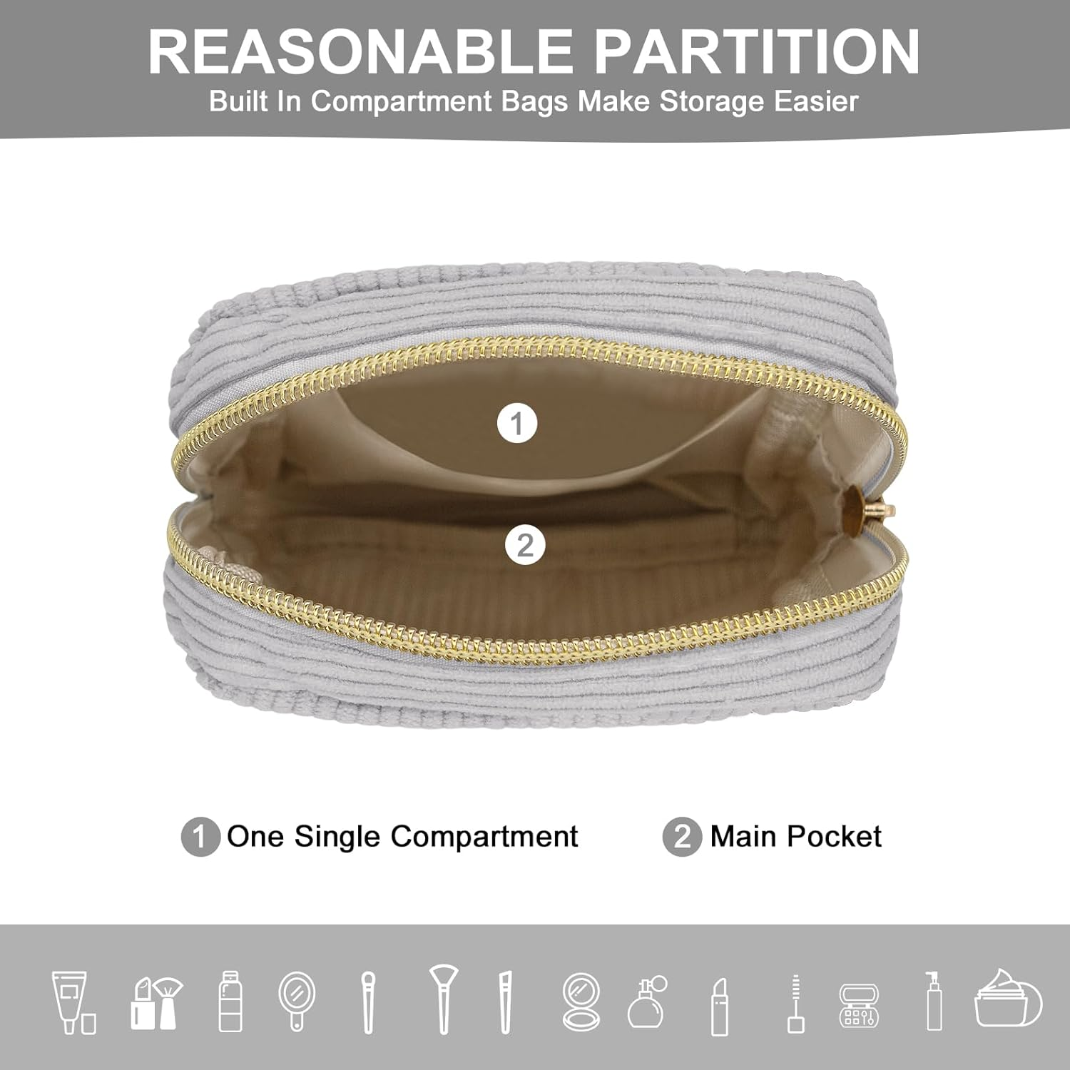 Long Keeper Small Cosmetic Bag for Women Mini Make up Bag for Handbag Solid Colour Cord Makeup Bag with Compartments Travel Makeup Bag for Women, Pure Grey, Portable Cosmetic Bag image number 6