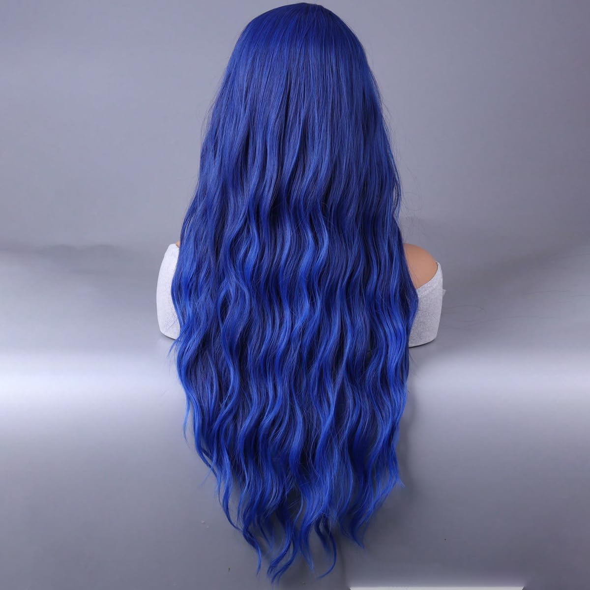 YEESHEDO Long Blue Hair Wigs Fringe for Women Girls Natural Curly Wavy Synthetic Colorful Wig for Festival Halloween Outfit Party Cosplay or Daily 28 Inches,Dark Blue - Black image number 2