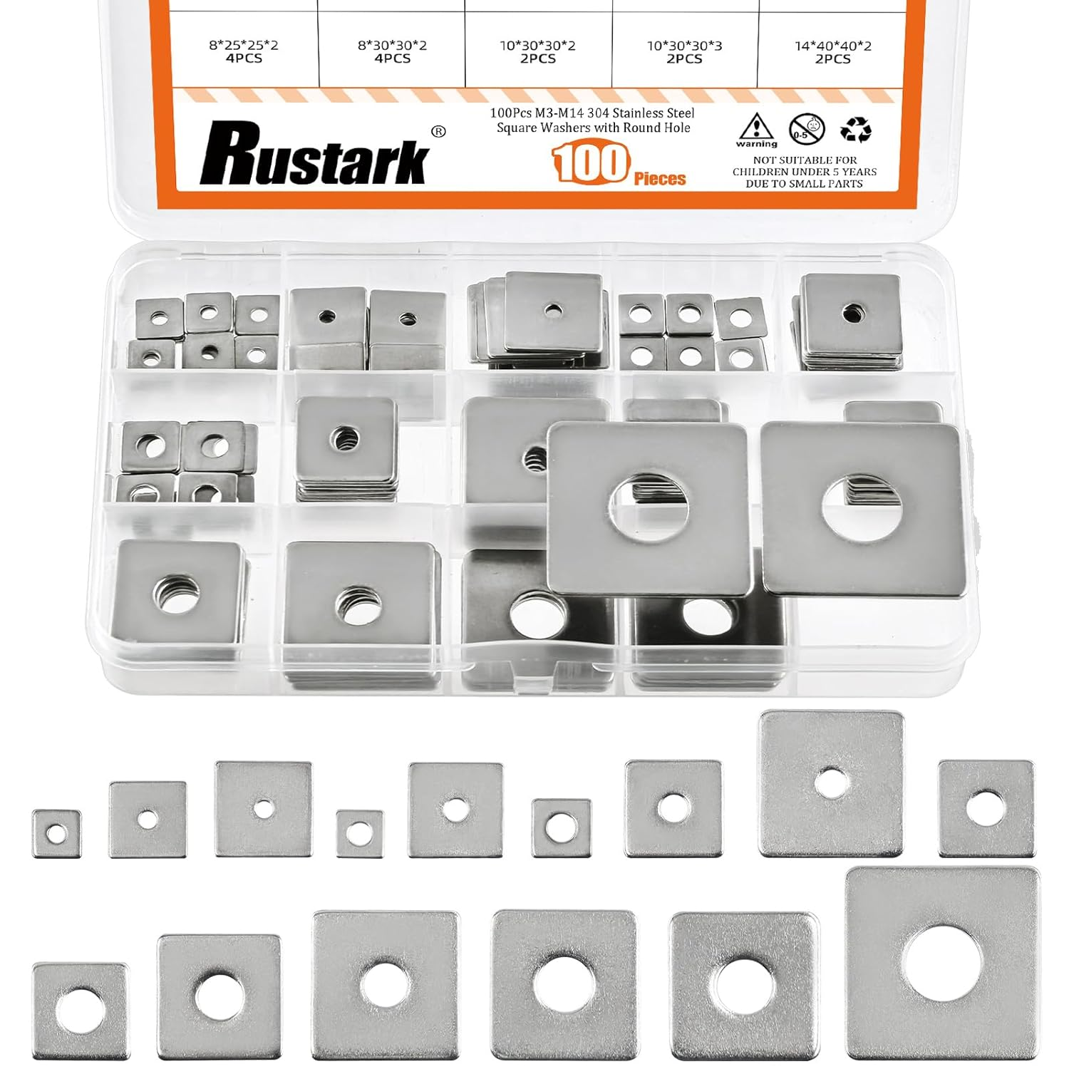 Rustark 100Pcs 15 Sizes M3-M14 304 Stainless Steel Square Plate Washers Assortment Kit Square Bearing Plate Washer Square Washer Flat Washer Fastener for Construction and Industrial Equipment image number 4