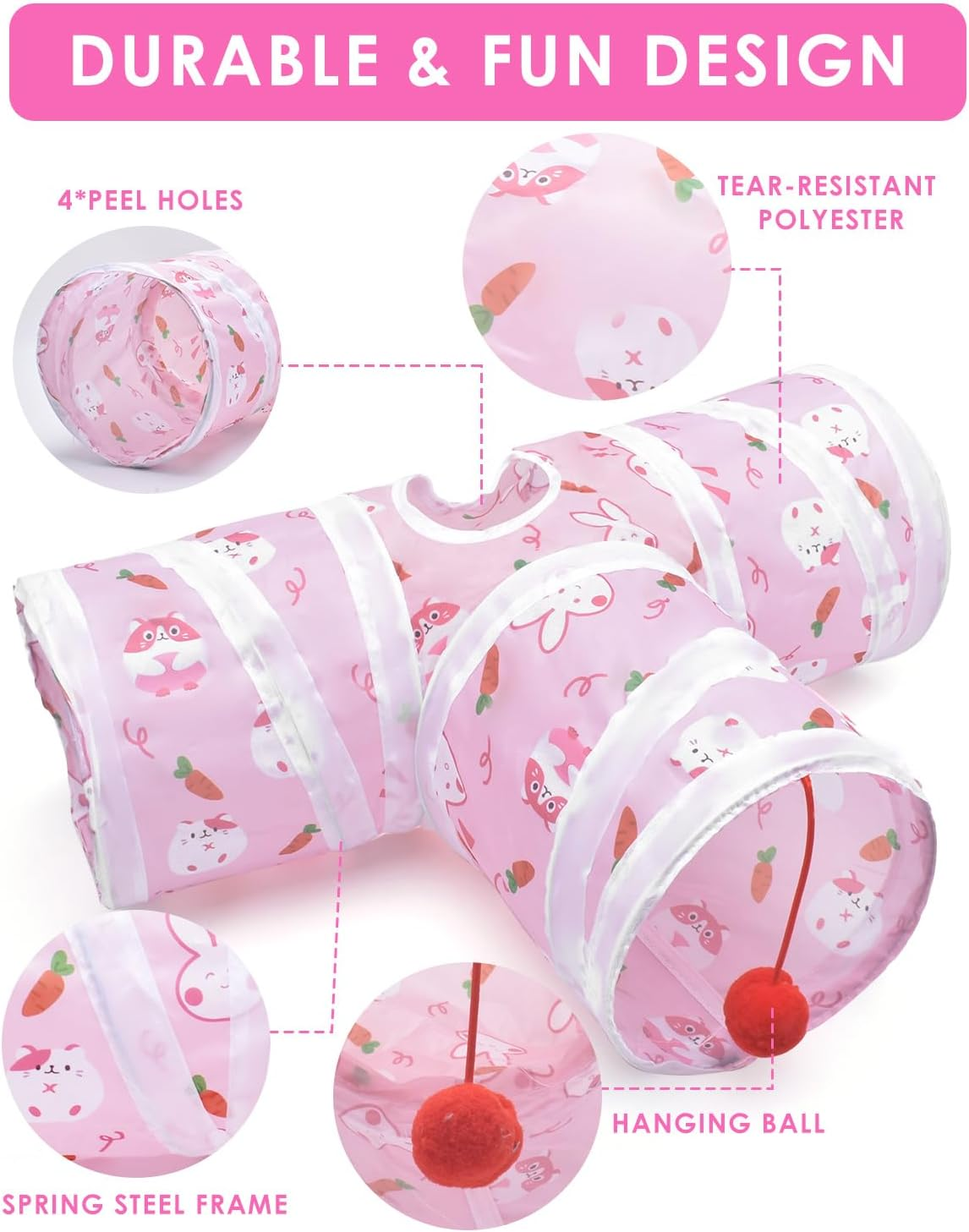 Bissap Rabbit Tunnel, Collapsible Bunny Tunnel and Tube 3 Ways Pet Hideout with 1 Play Ball for Indoor Kittens Dwarf Rabbits Bunnies Guinea Pigs Chinchillas Small Animal Activity Fun Toys (Pink) image number 6